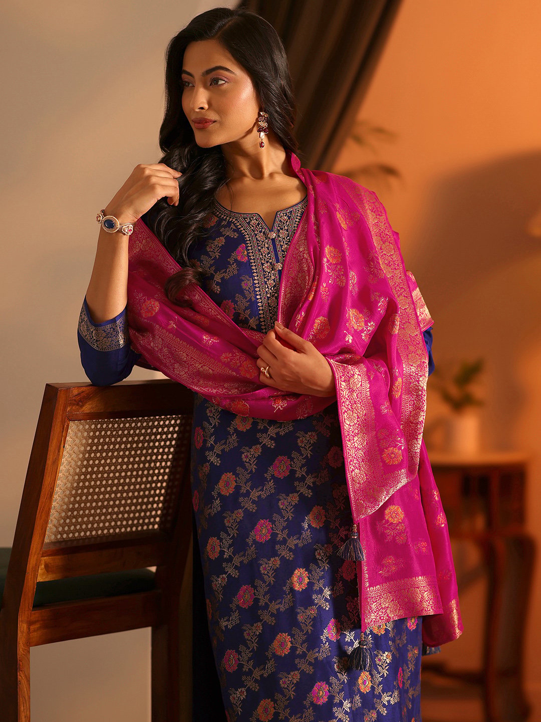Navy Blue Silk Blend Kurta Set with Woven Design and Dupatta