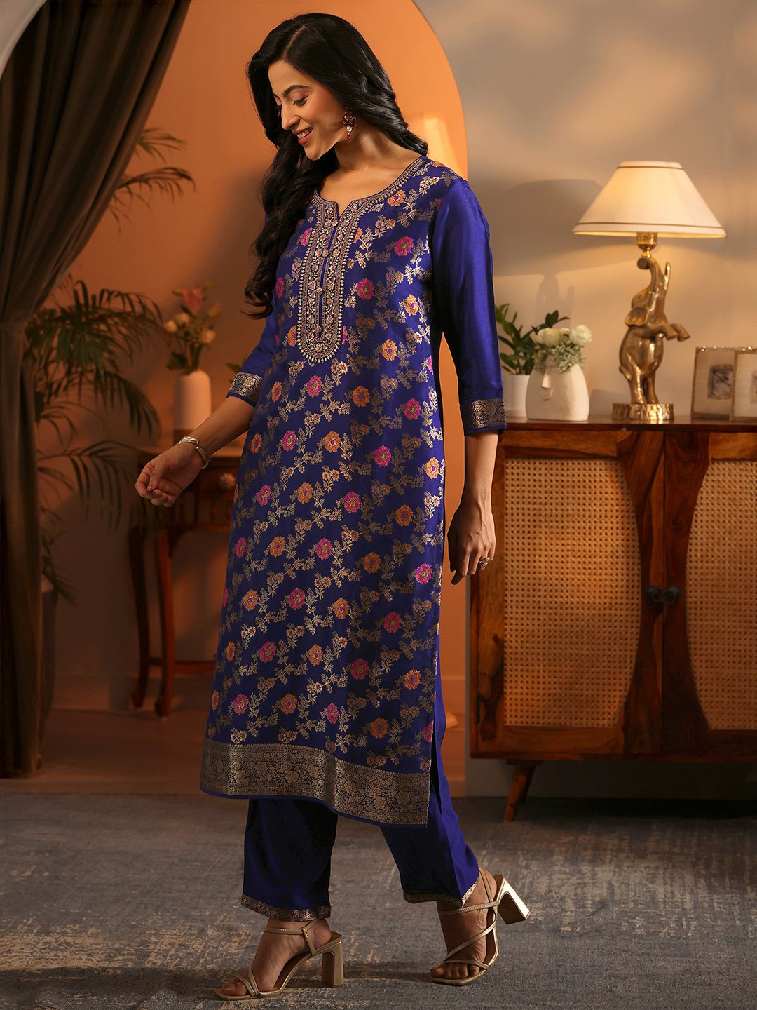 Navy Blue Silk Blend Kurta Set with Woven Design and Dupatta