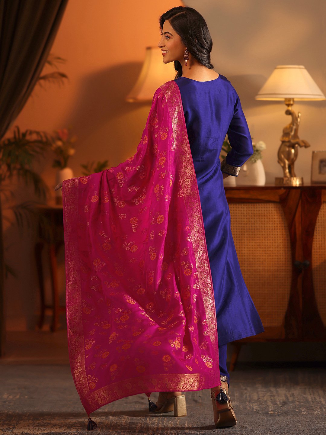 Navy Blue Silk Blend Kurta Set with Woven Design and Dupatta