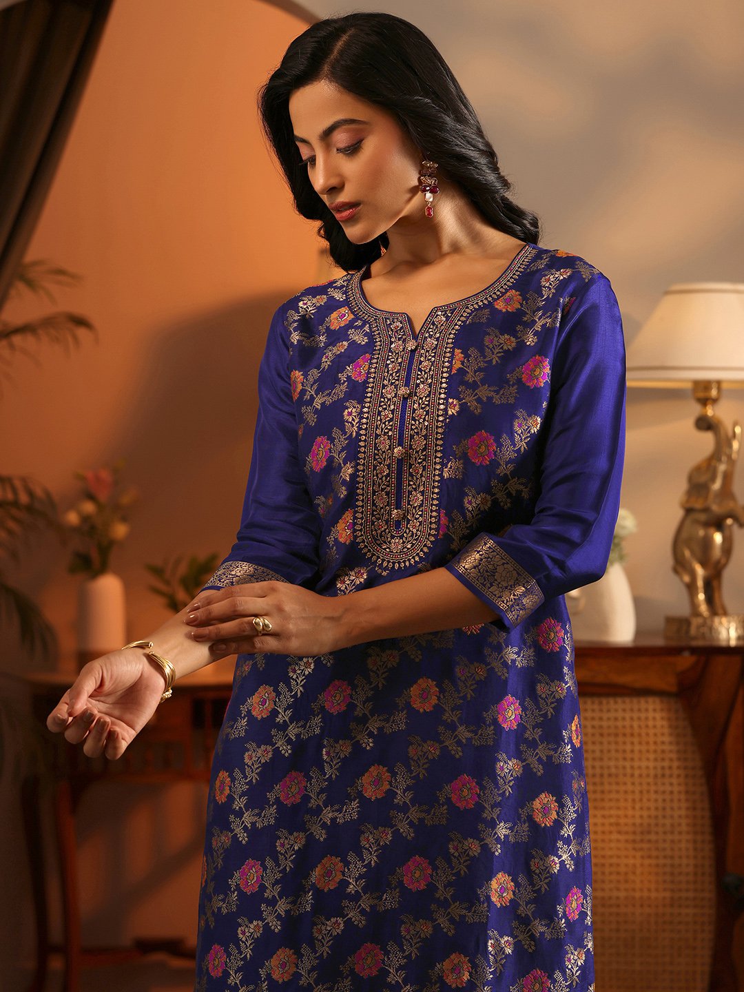 Navy Blue Silk Blend Kurta Set with Woven Design and Dupatta