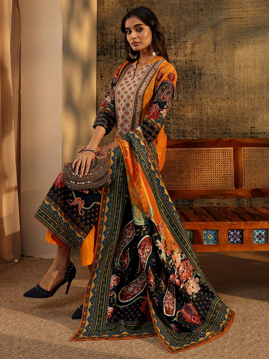 Mustard Paisley Printed Kurta Set with Trousers and Dupatta
