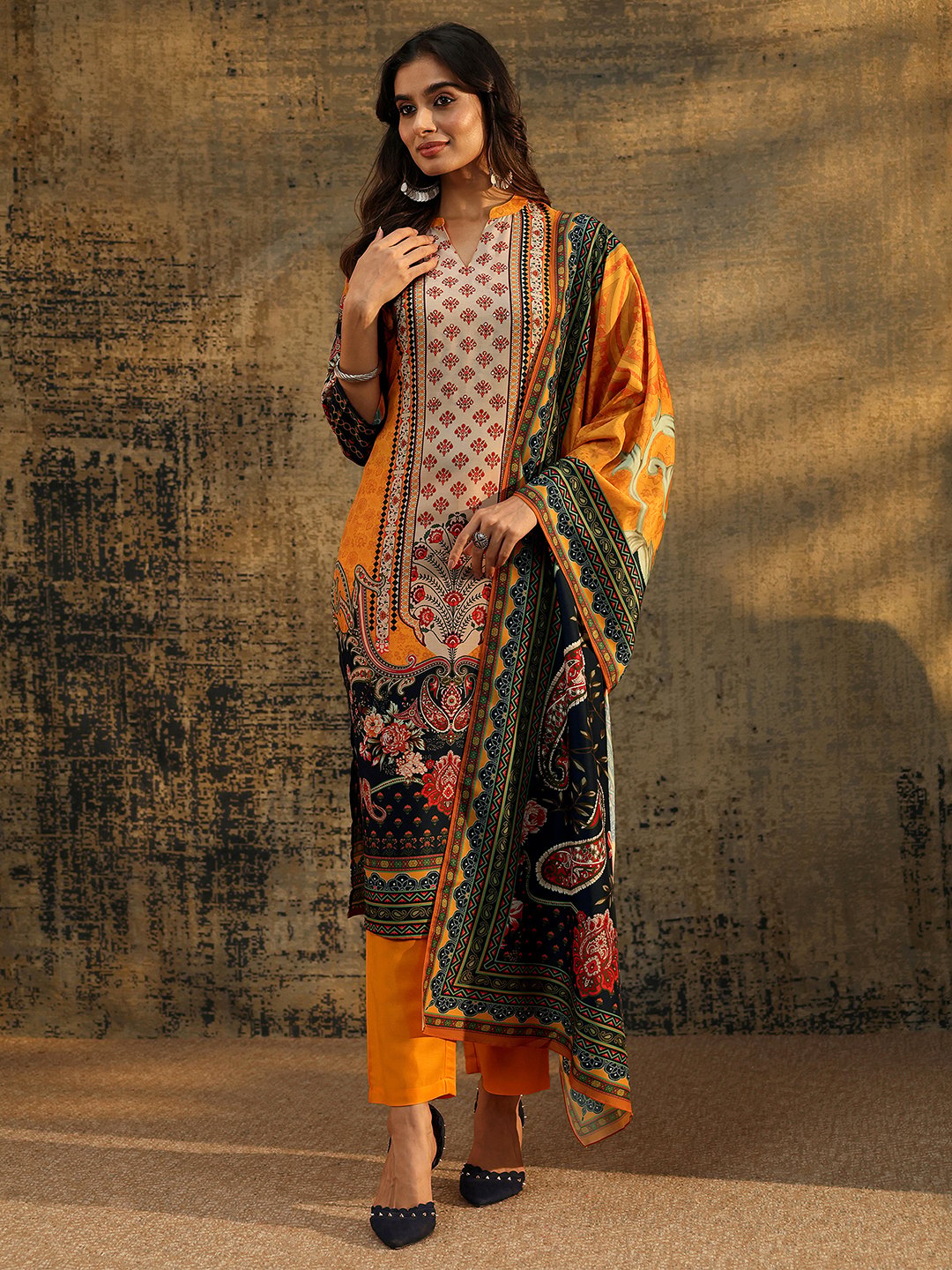 Mustard Paisley Printed Kurta Set with Trousers and Dupatta