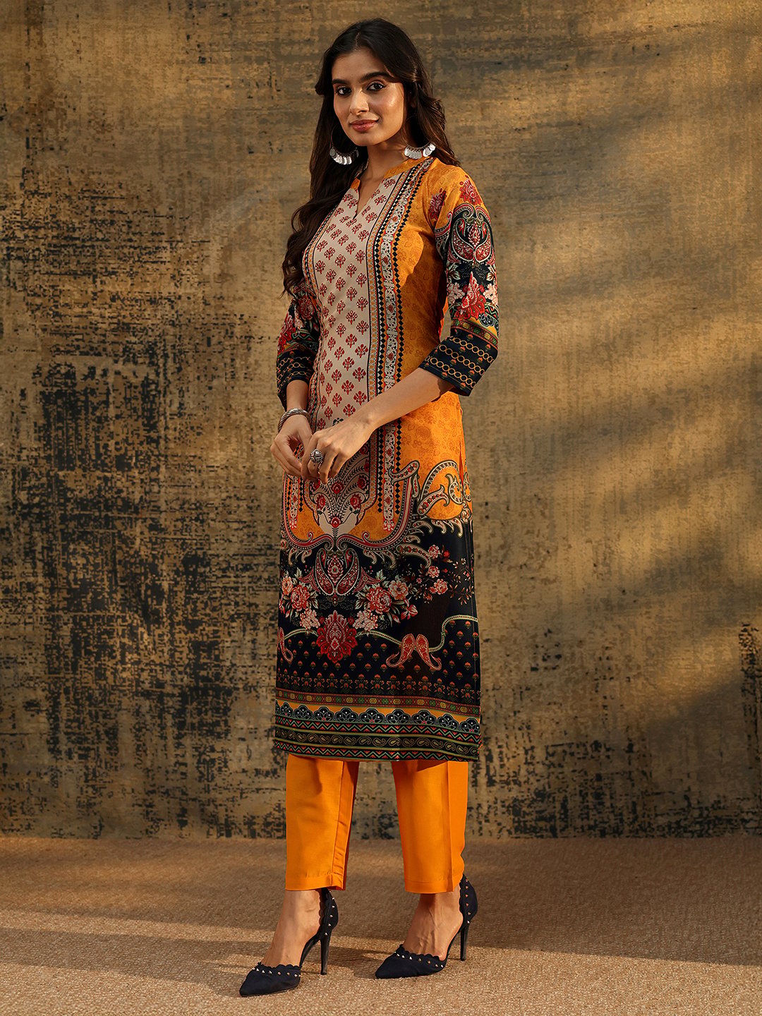Mustard Paisley Printed Kurta Set with Trousers and Dupatta
