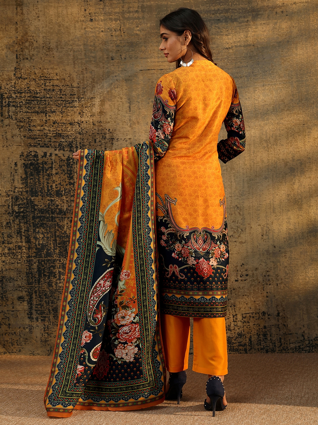 Mustard Paisley Printed Kurta Set with Trousers and Dupatta