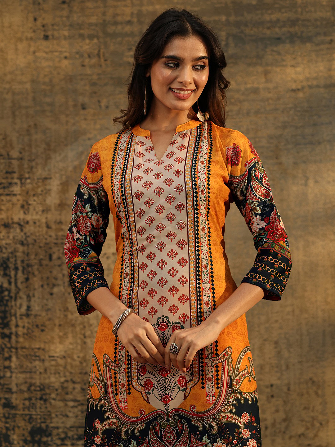 Mustard Paisley Printed Kurta Set with Trousers and Dupatta