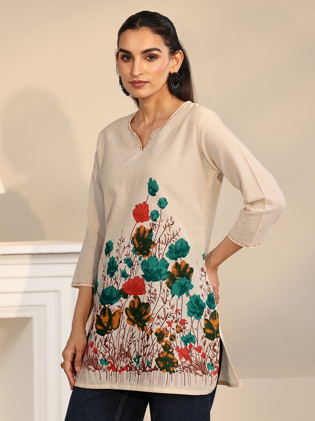 Off-White Printed Cotton Blend Kurti with Floral Design