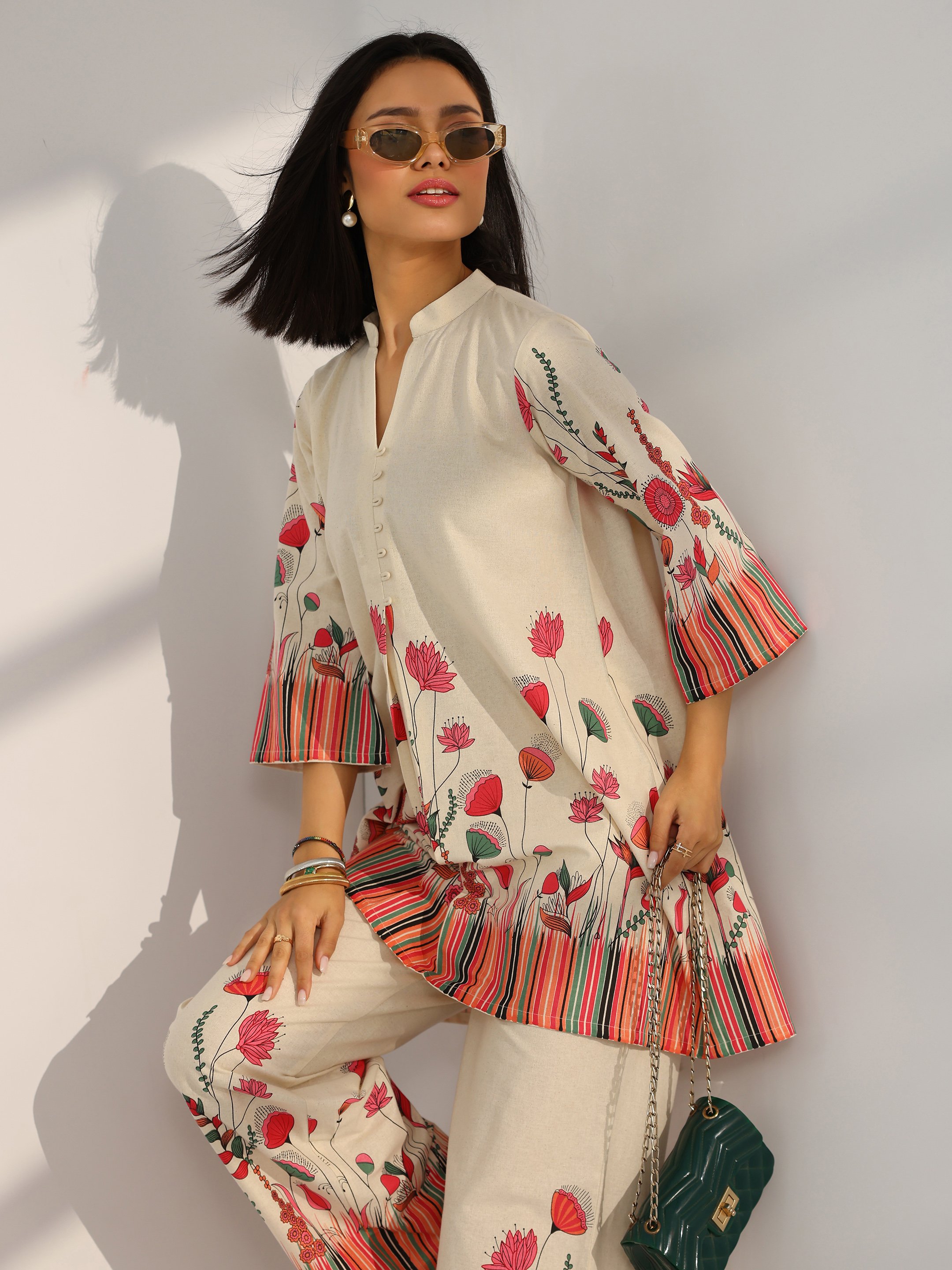 Off-White Printed Cotton Co-Ord Set with Trousers