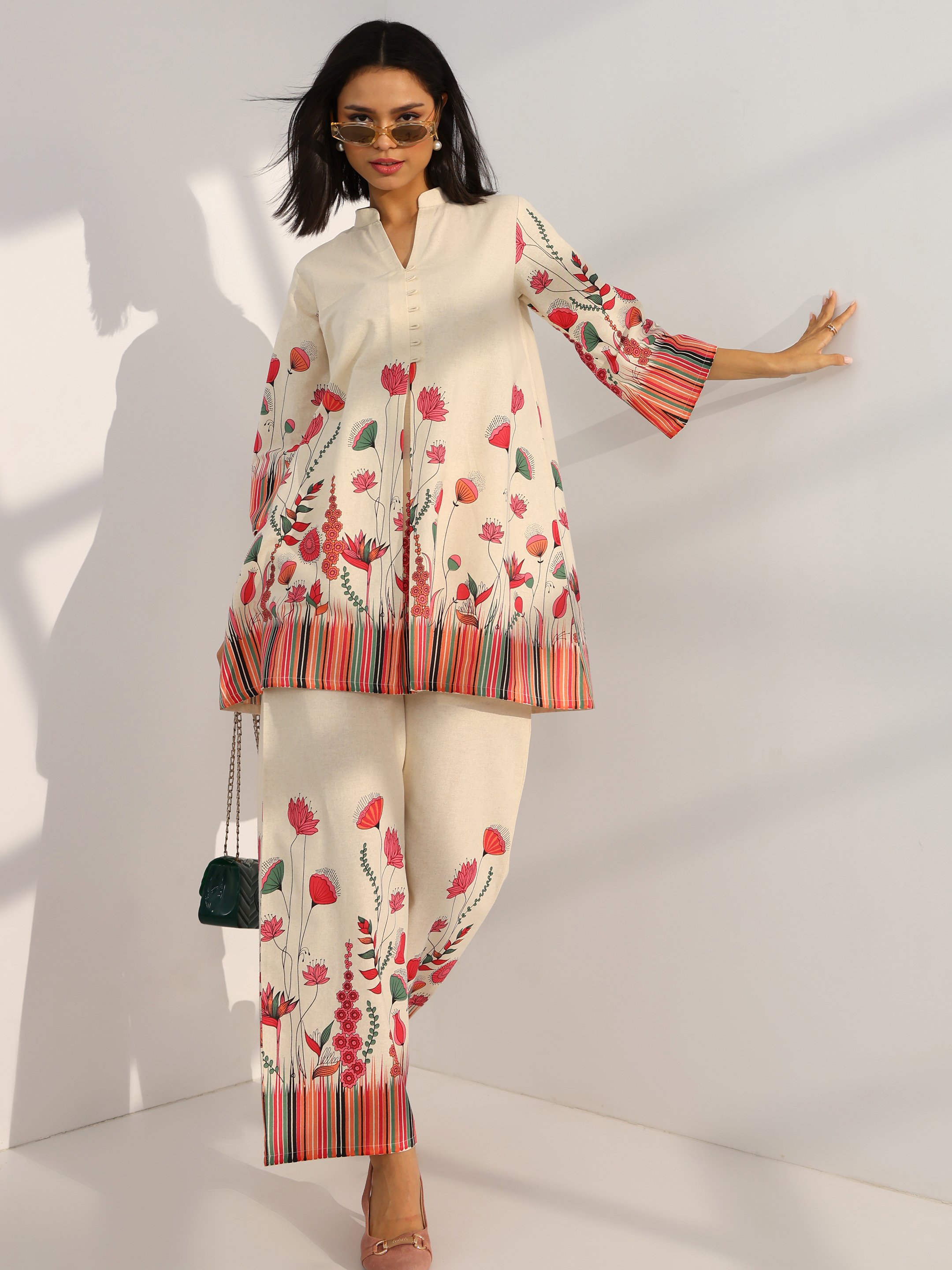 Off-White Printed Cotton Co-Ord Set with Trousers