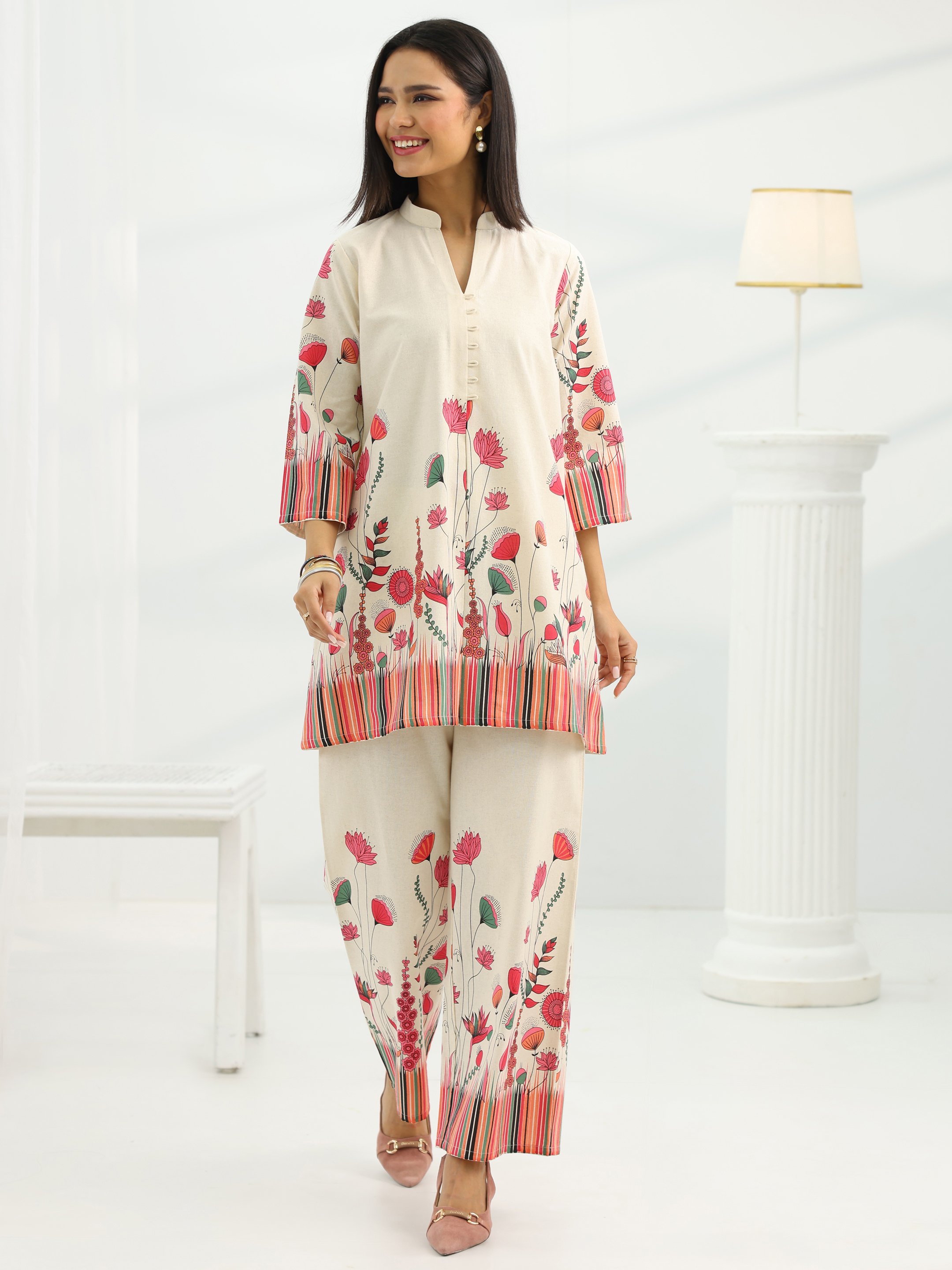 Off-White Printed Cotton Co-Ord Set with Trousers