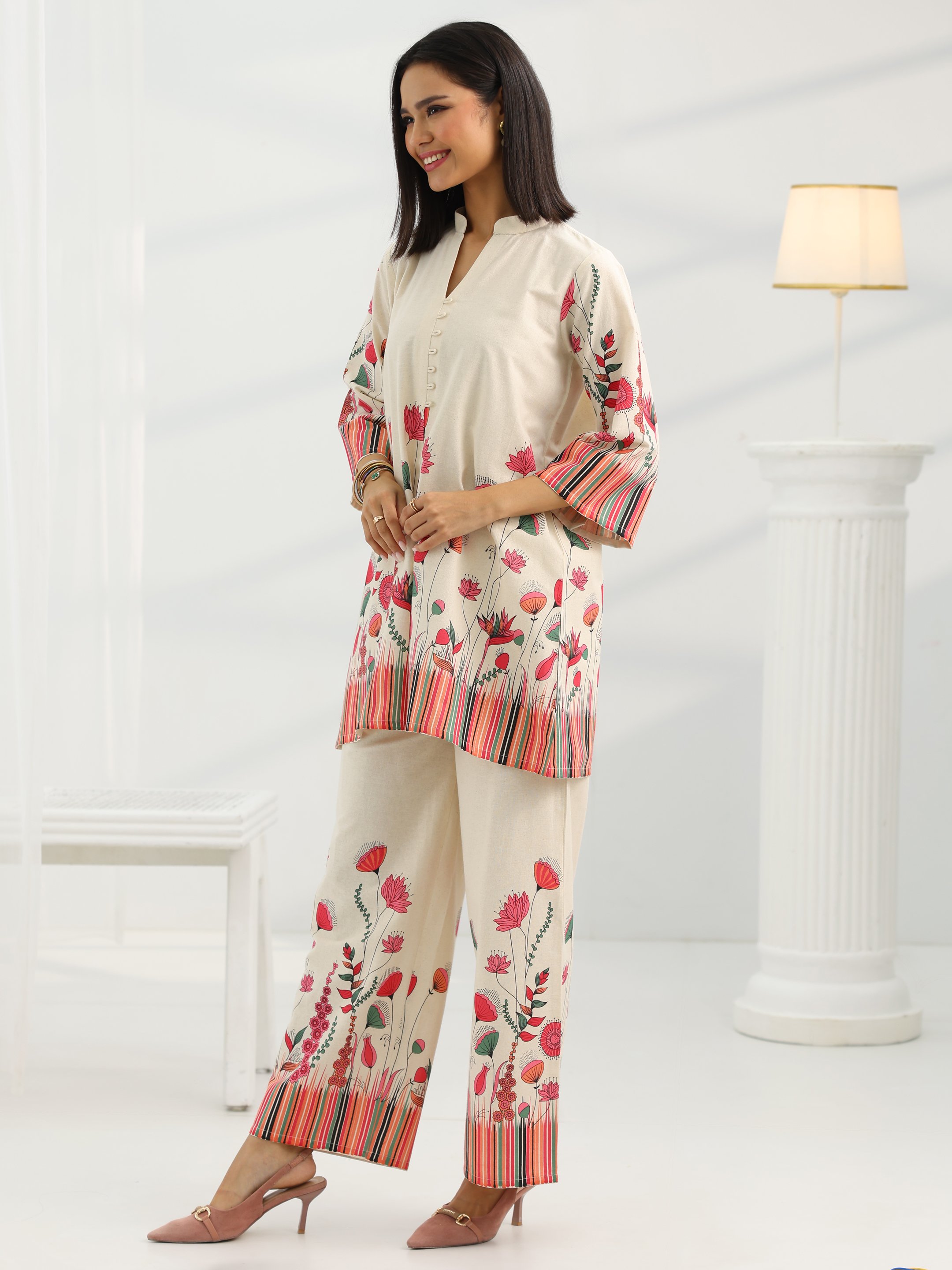Off-White Printed Cotton Co-Ord Set with Trousers