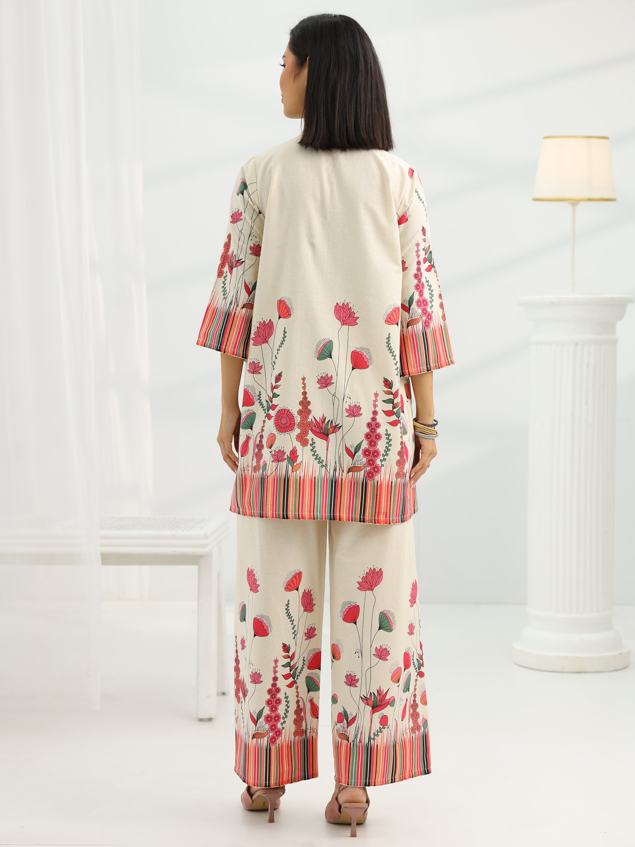 Off-White Printed Cotton Co-Ord Set with Trousers