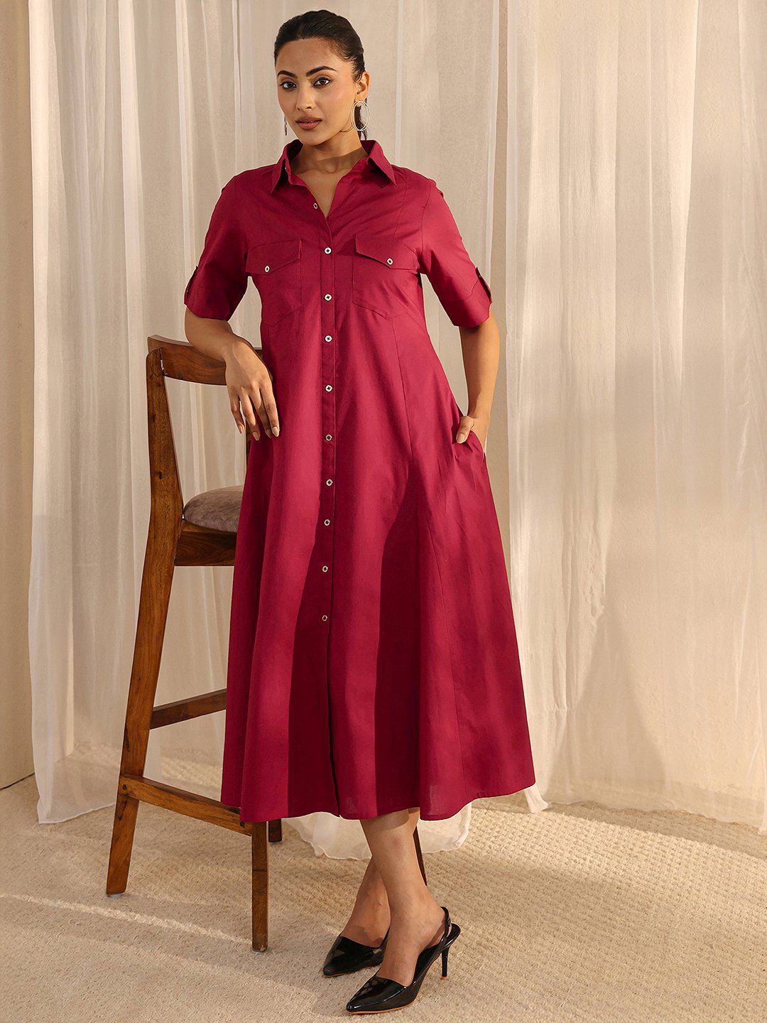 Red A-Line Midi Dress with Short Sleeves