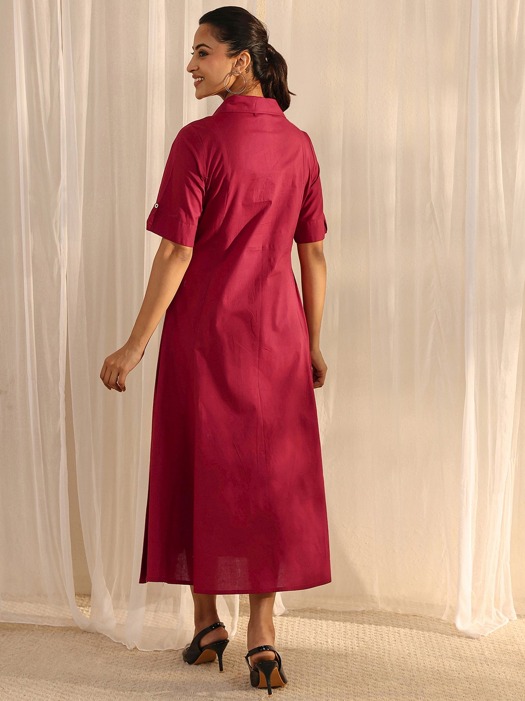 Red A-Line Midi Dress with Short Sleeves