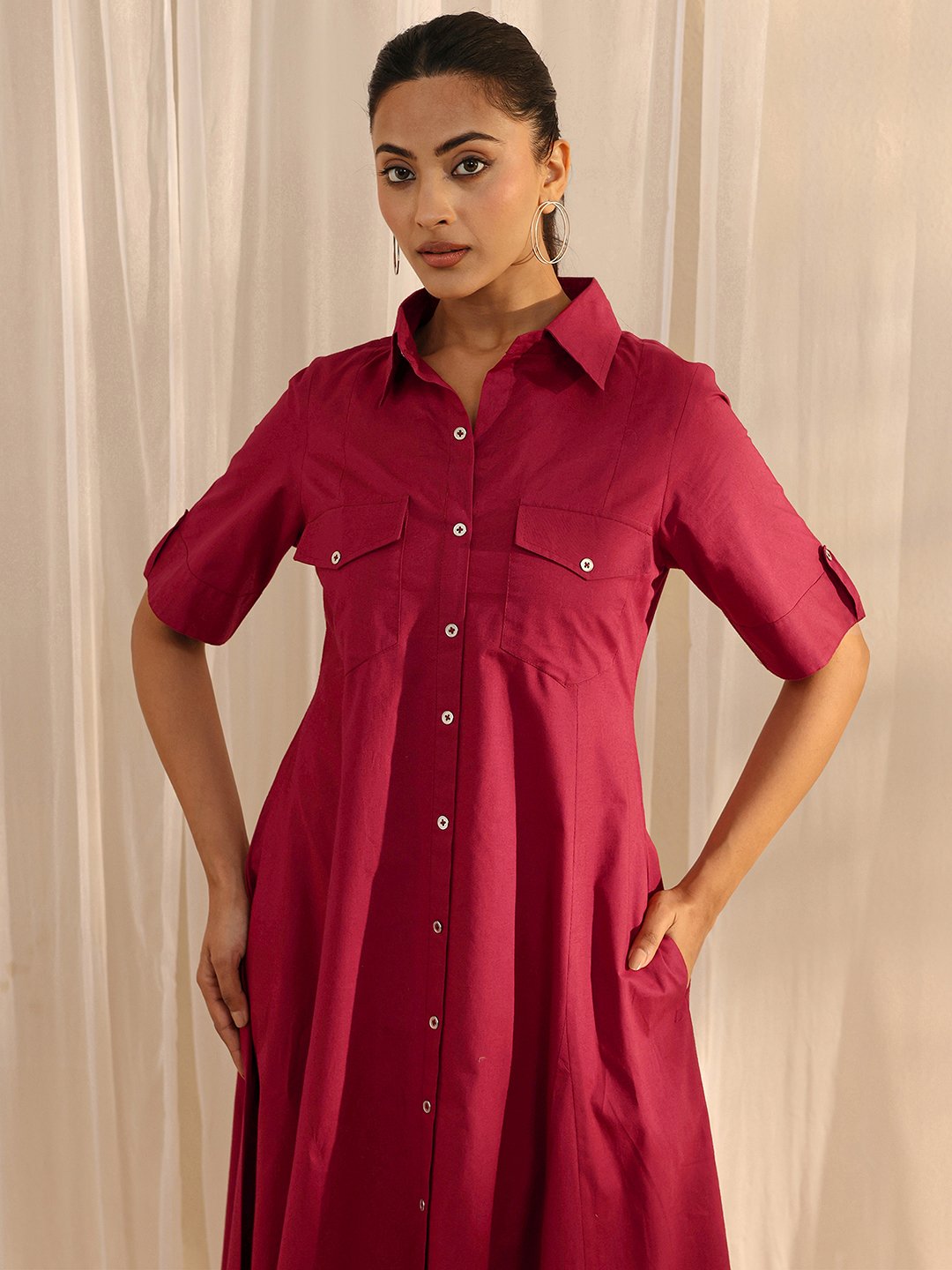 Red A-Line Midi Dress with Short Sleeves