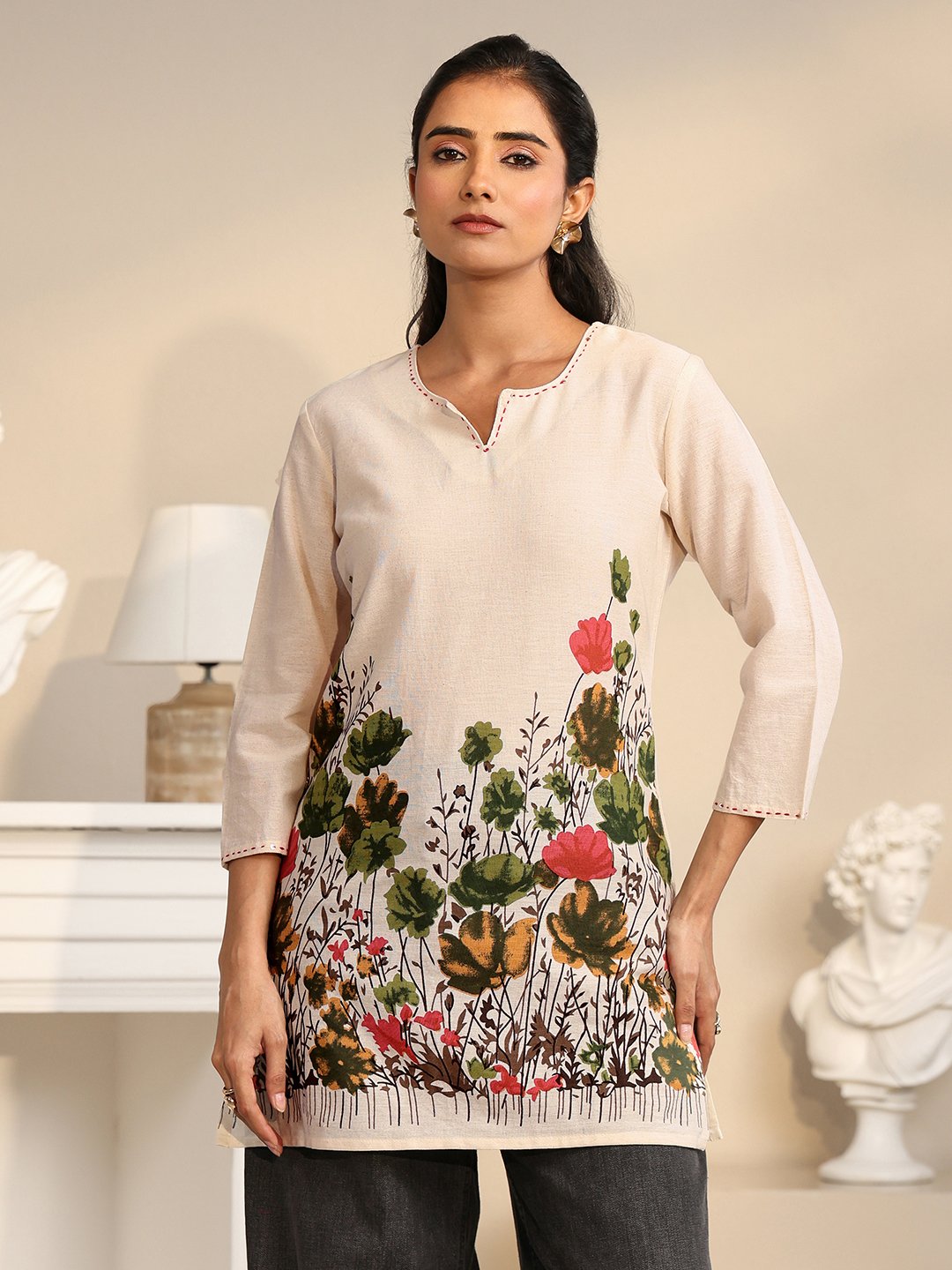 Off-White Floral Printed Cotton Blend Kurti