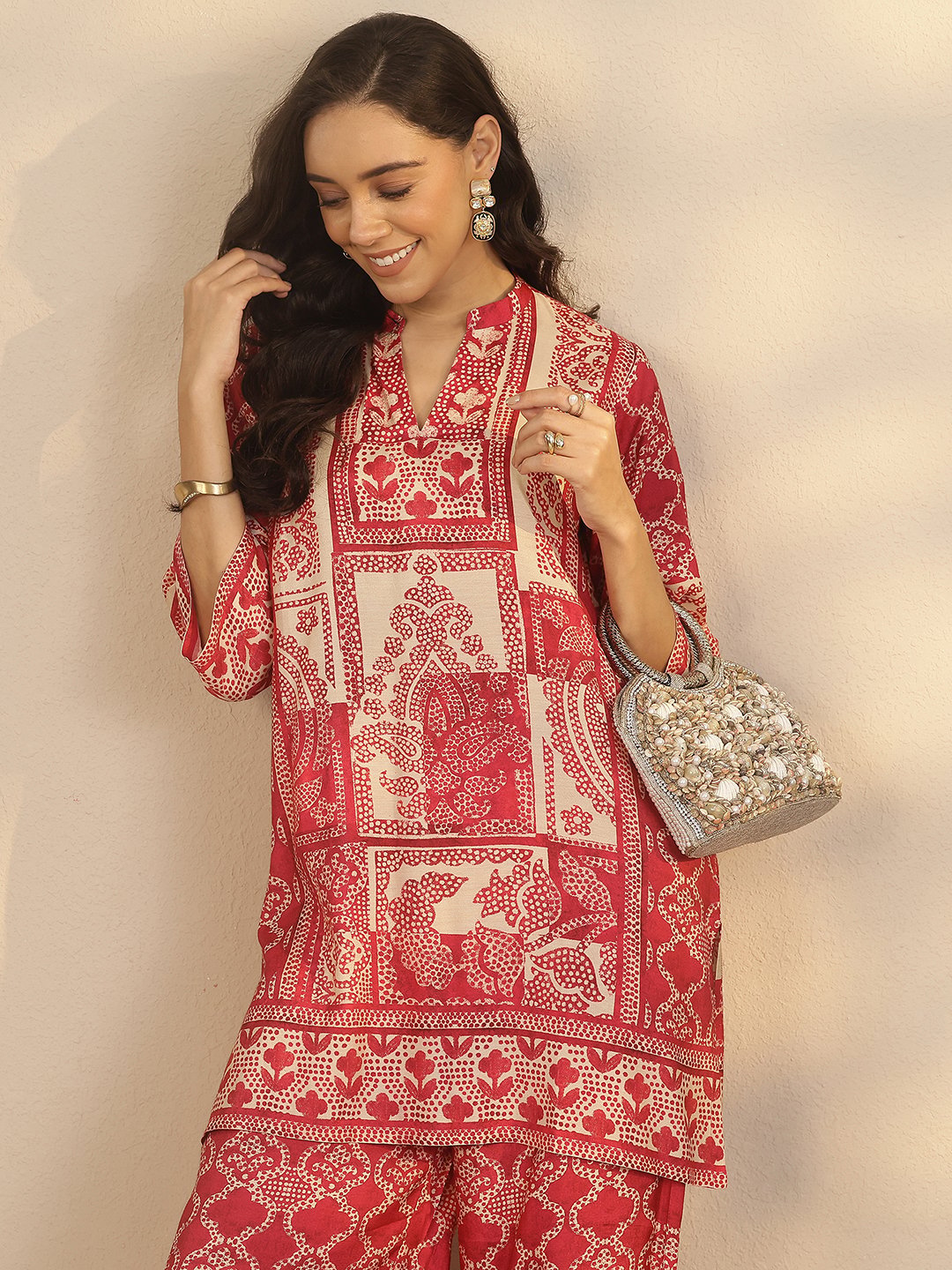 Pink Printed Muslin Co-ord Set with Mandarin Collar