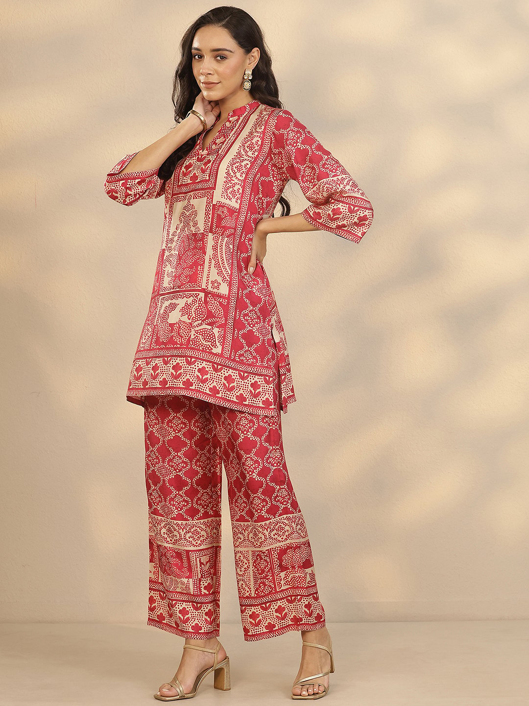Pink Printed Muslin Co-ord Set with Mandarin Collar