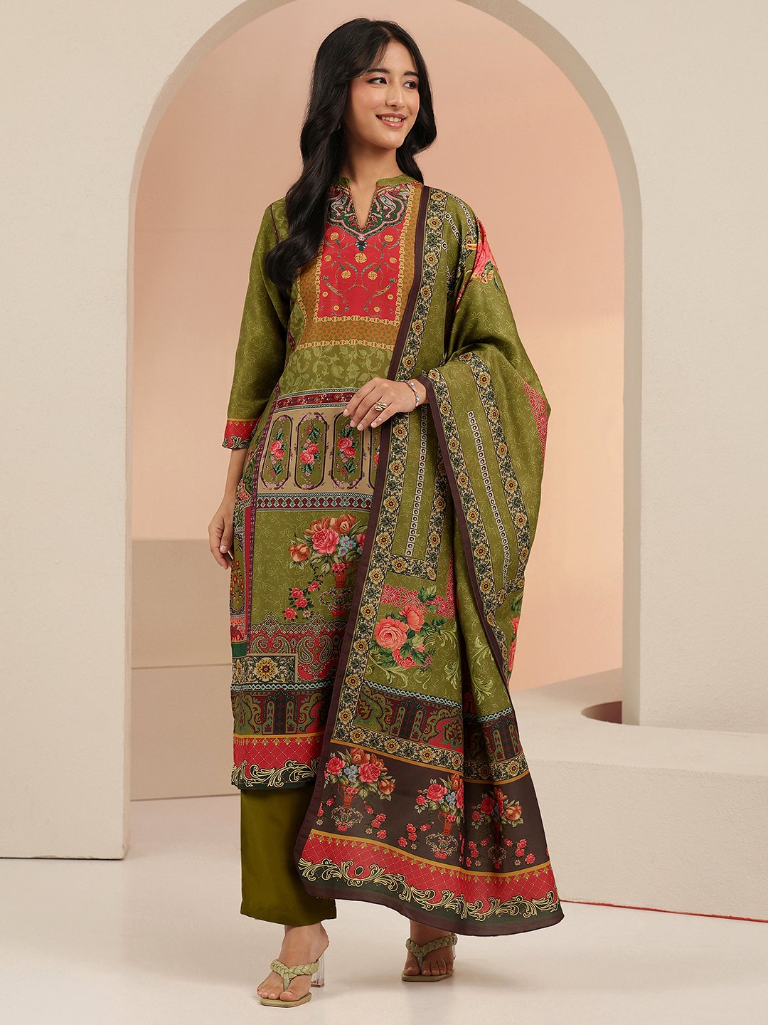 Green Printed Muslin Straight Kurta Set with Trousers and Dupatta