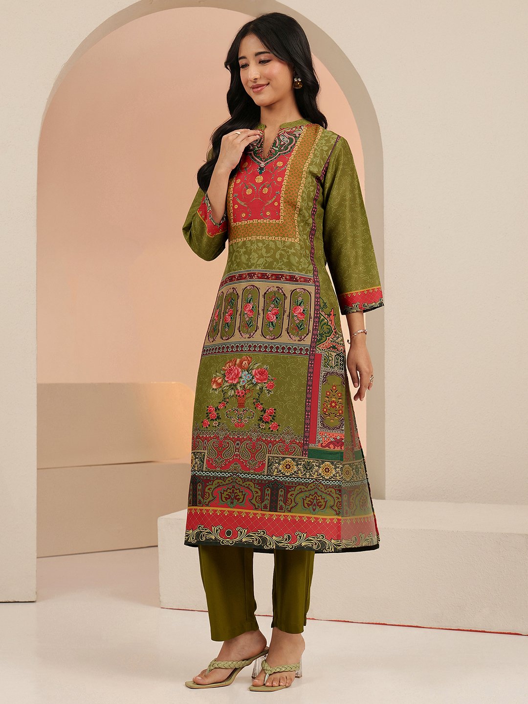 Green Printed Muslin Straight Kurta Set with Trousers and Dupatta
