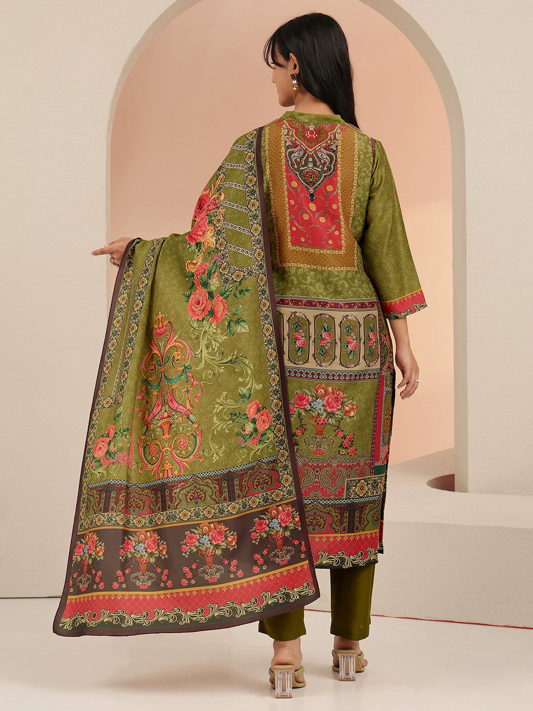 Green Printed Muslin Straight Kurta Set with Trousers and Dupatta