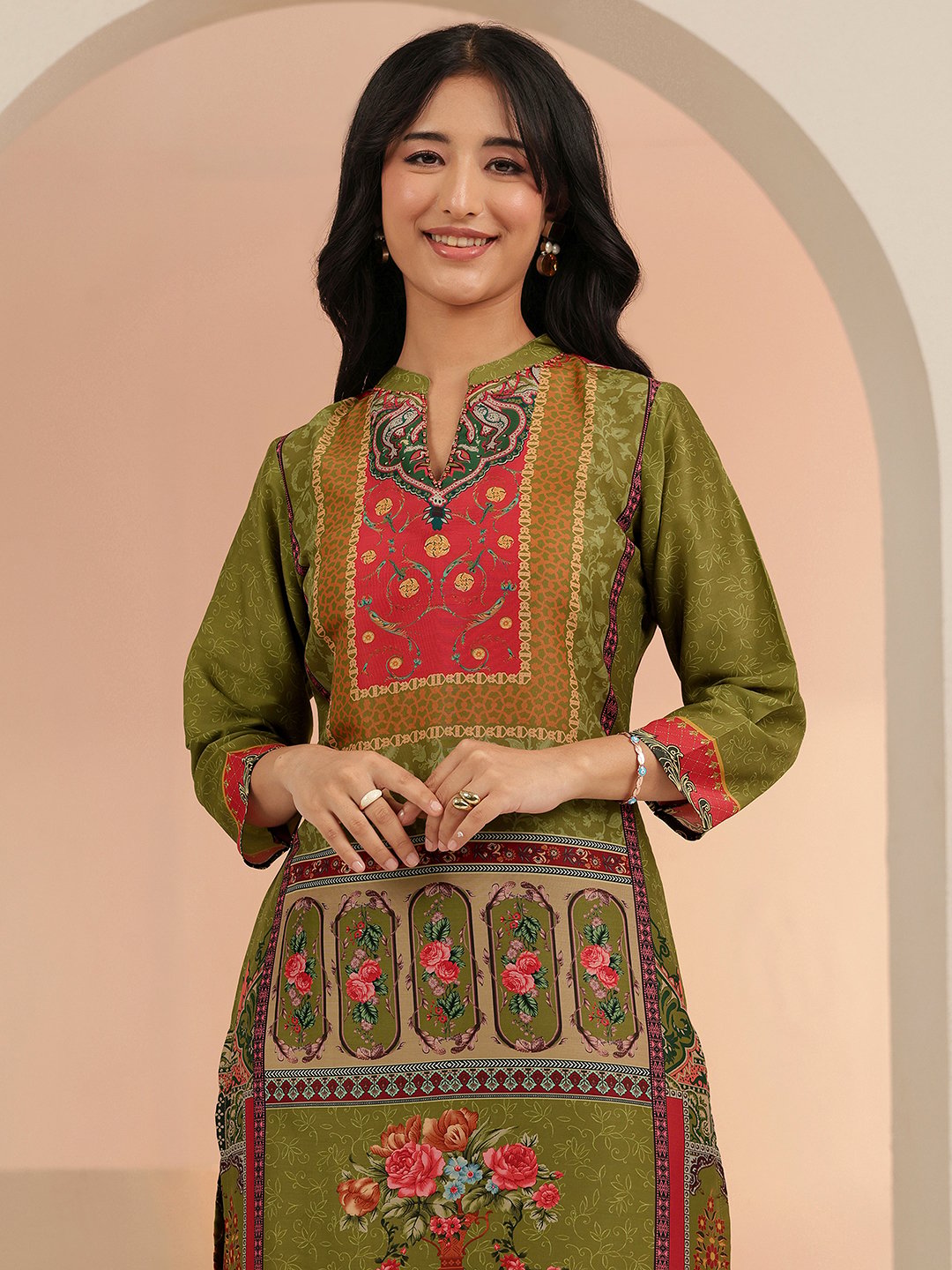 Green Printed Muslin Straight Kurta Set with Trousers and Dupatta