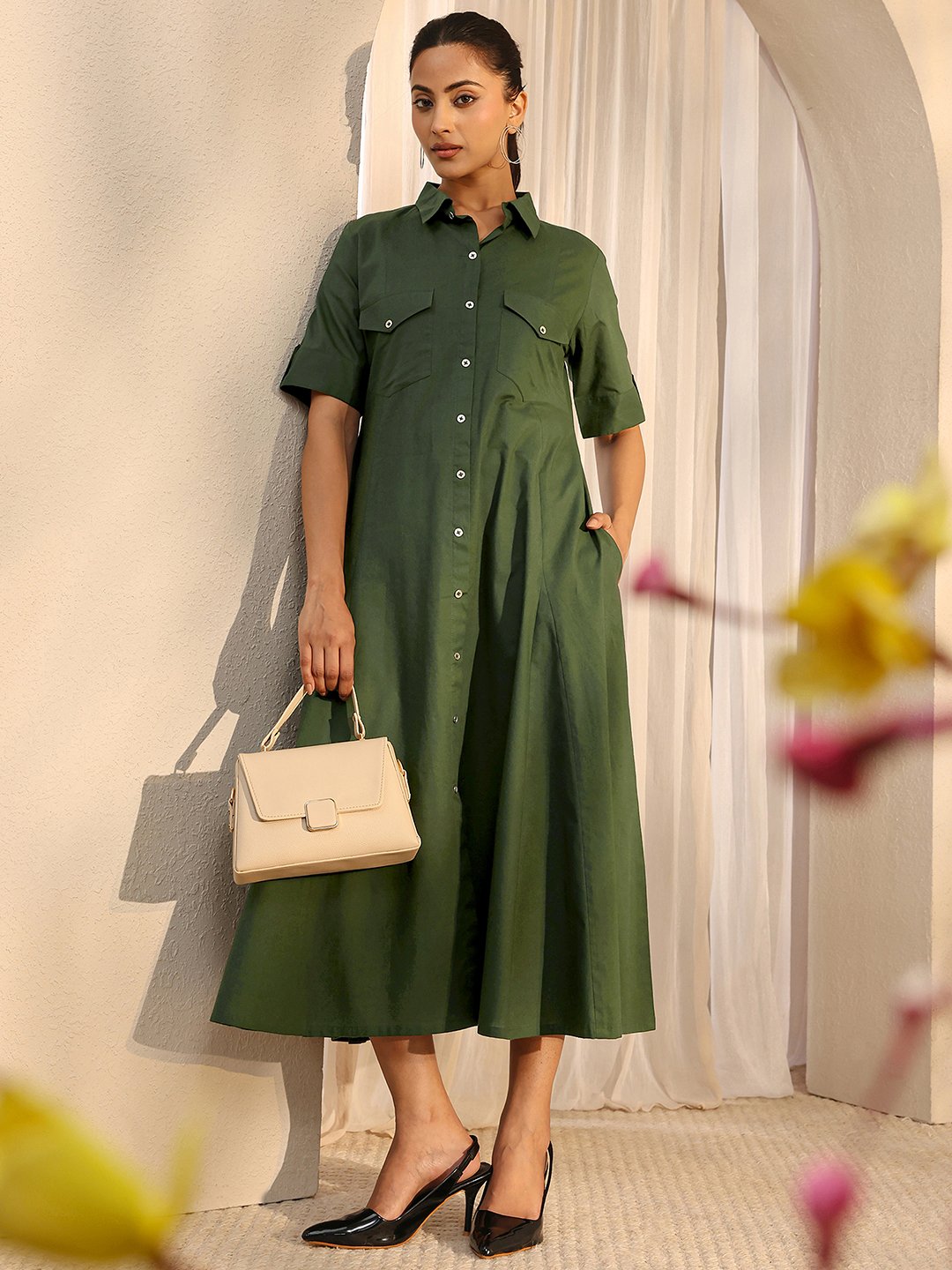 Emerald A-Line Midi Dress with Short Sleeves
