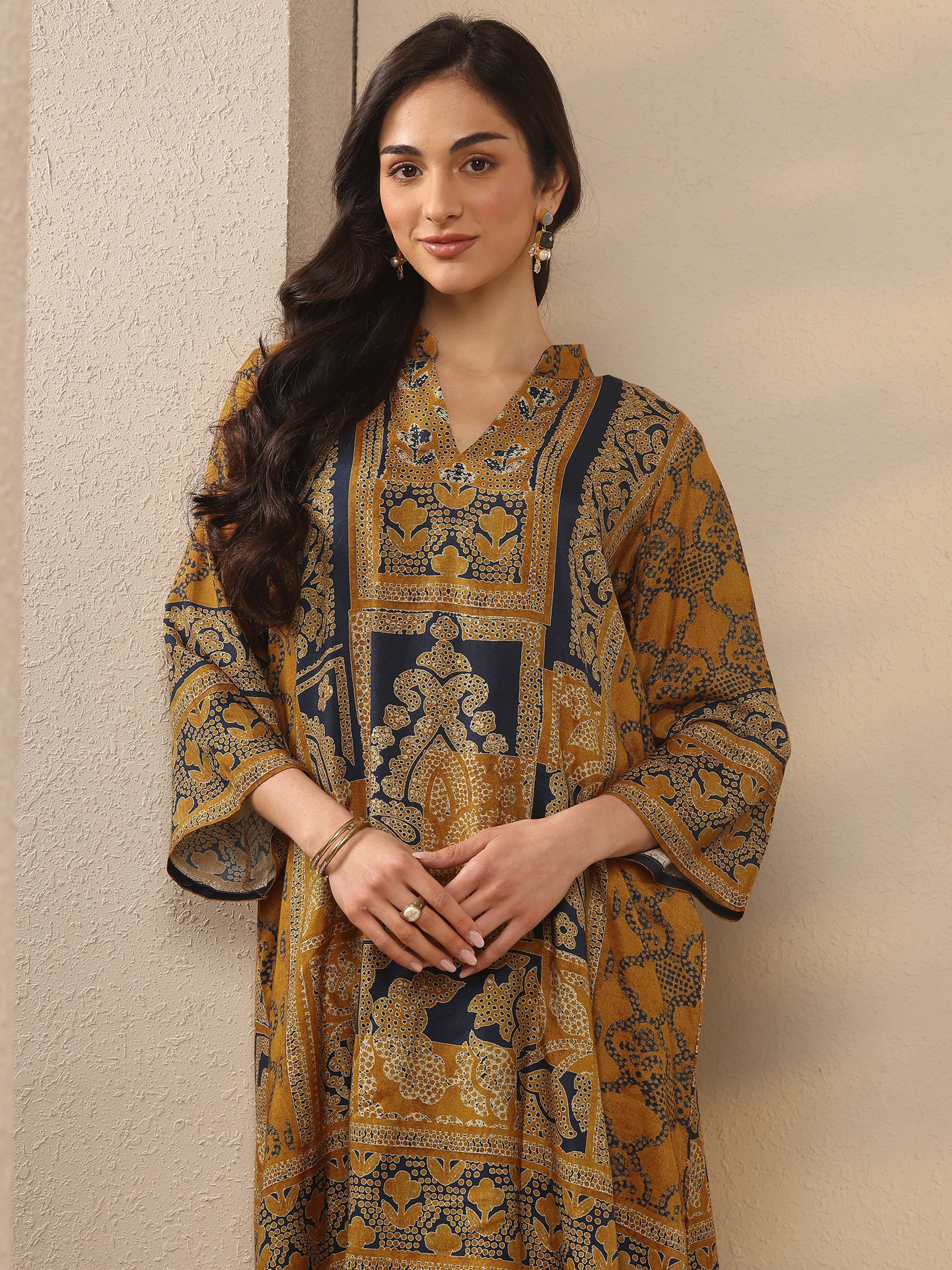 Mustard Printed V-Neck Kaftan Co-ord Set with Asymmetrical Fit