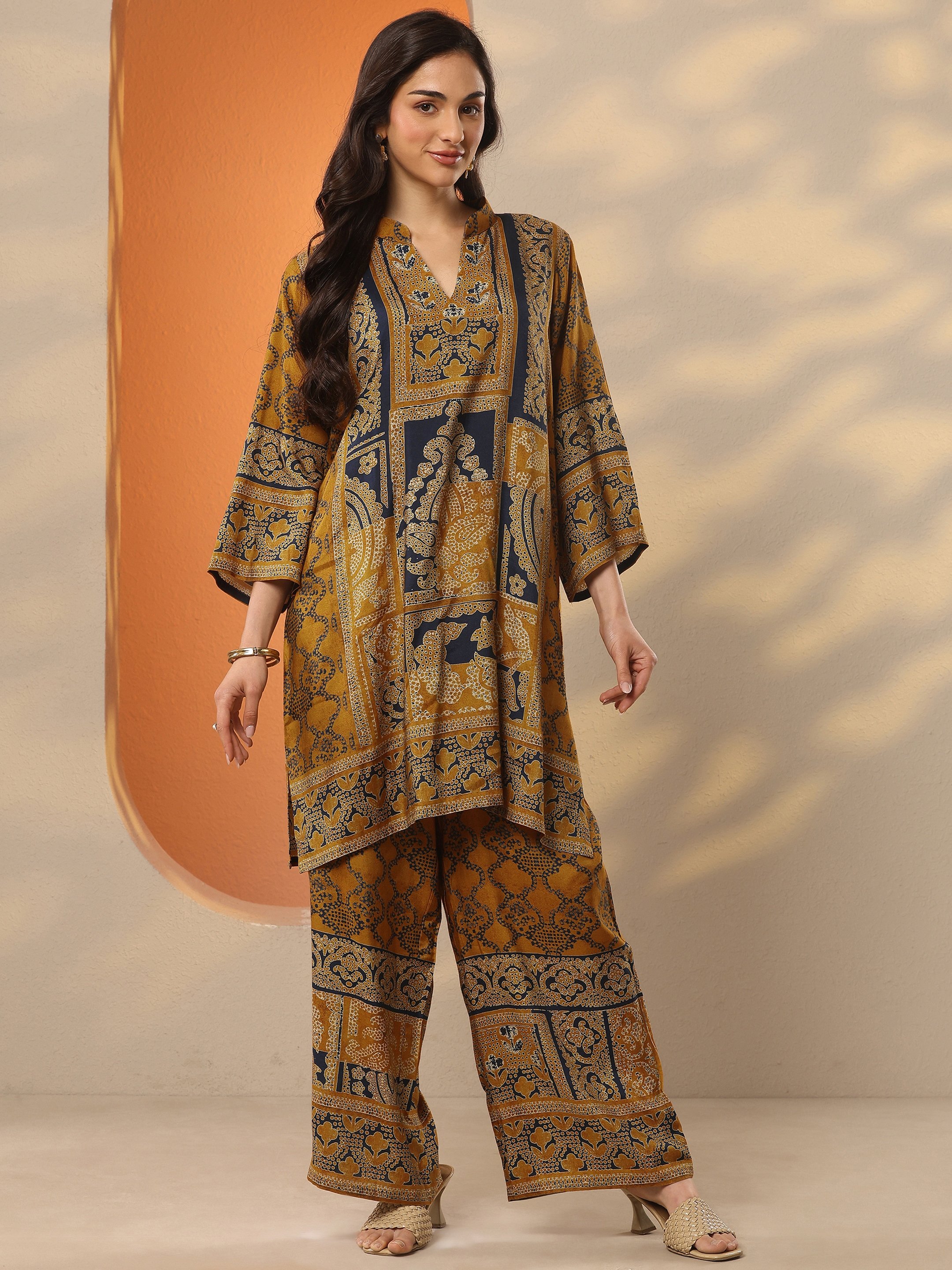 Mustard Printed V-Neck Kaftan Co-ord Set with Asymmetrical Fit
