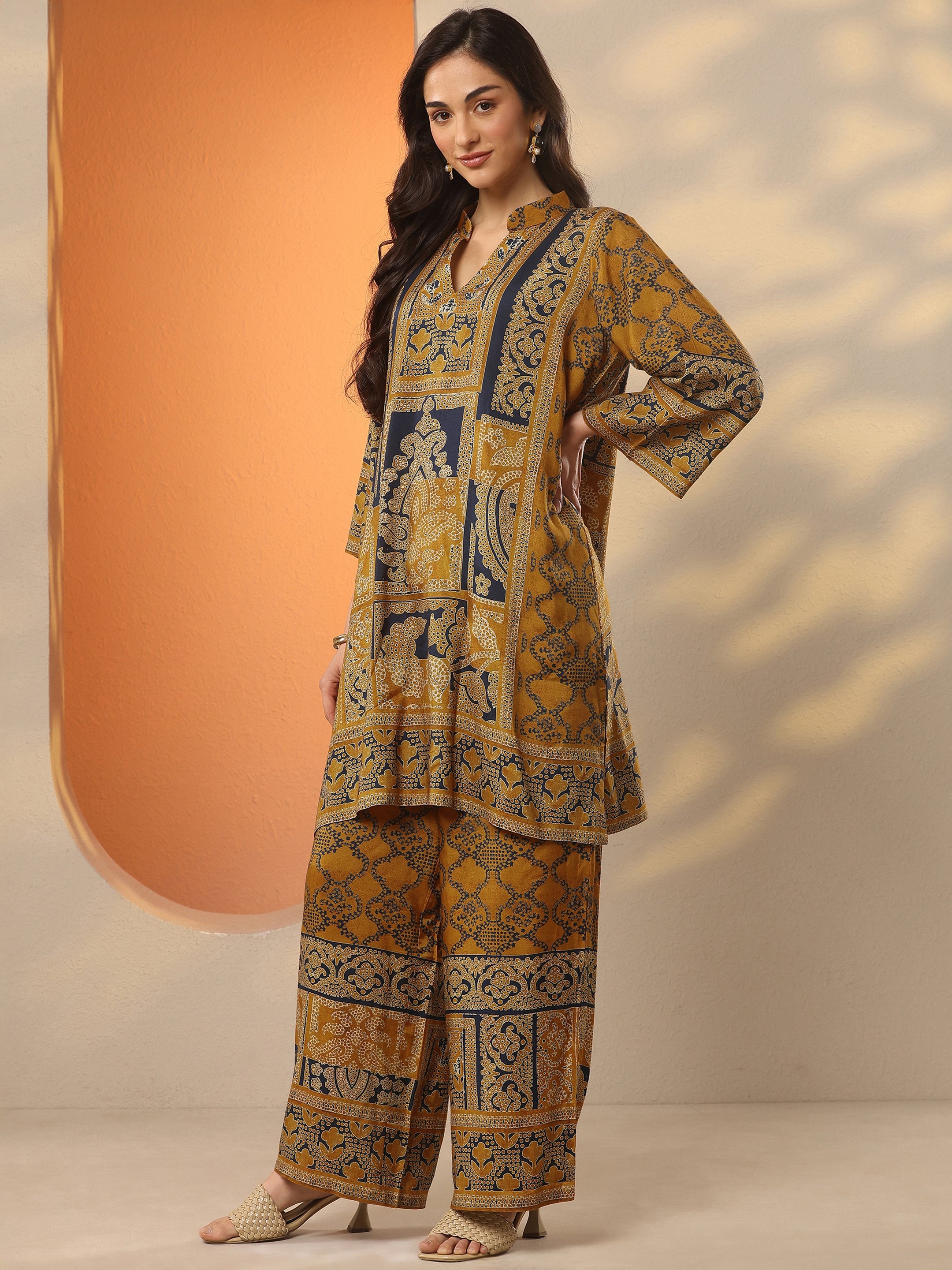 Mustard Printed V-Neck Kaftan Co-ord Set with Asymmetrical Fit