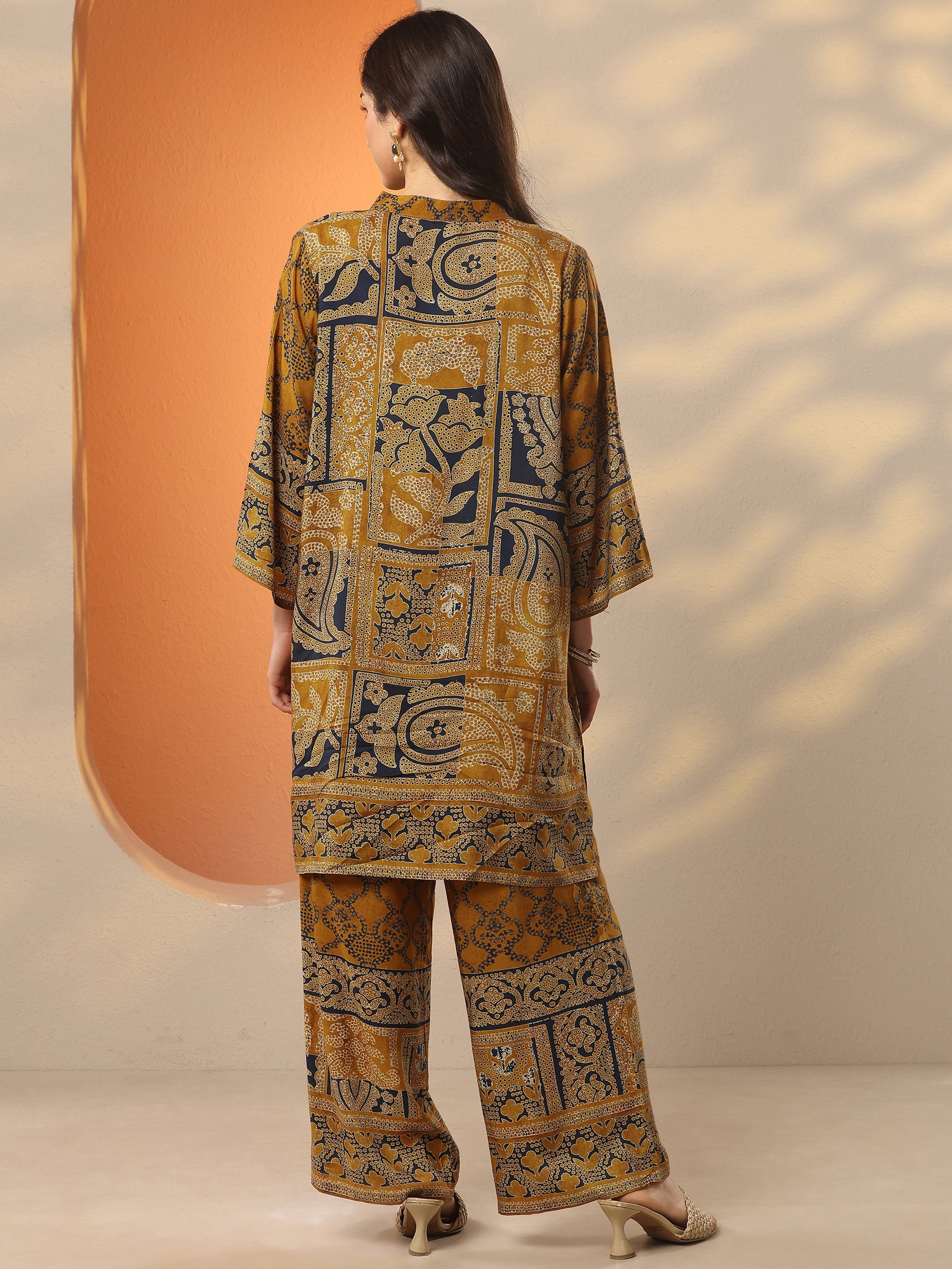 Mustard Printed V-Neck Kaftan Co-ord Set with Asymmetrical Fit