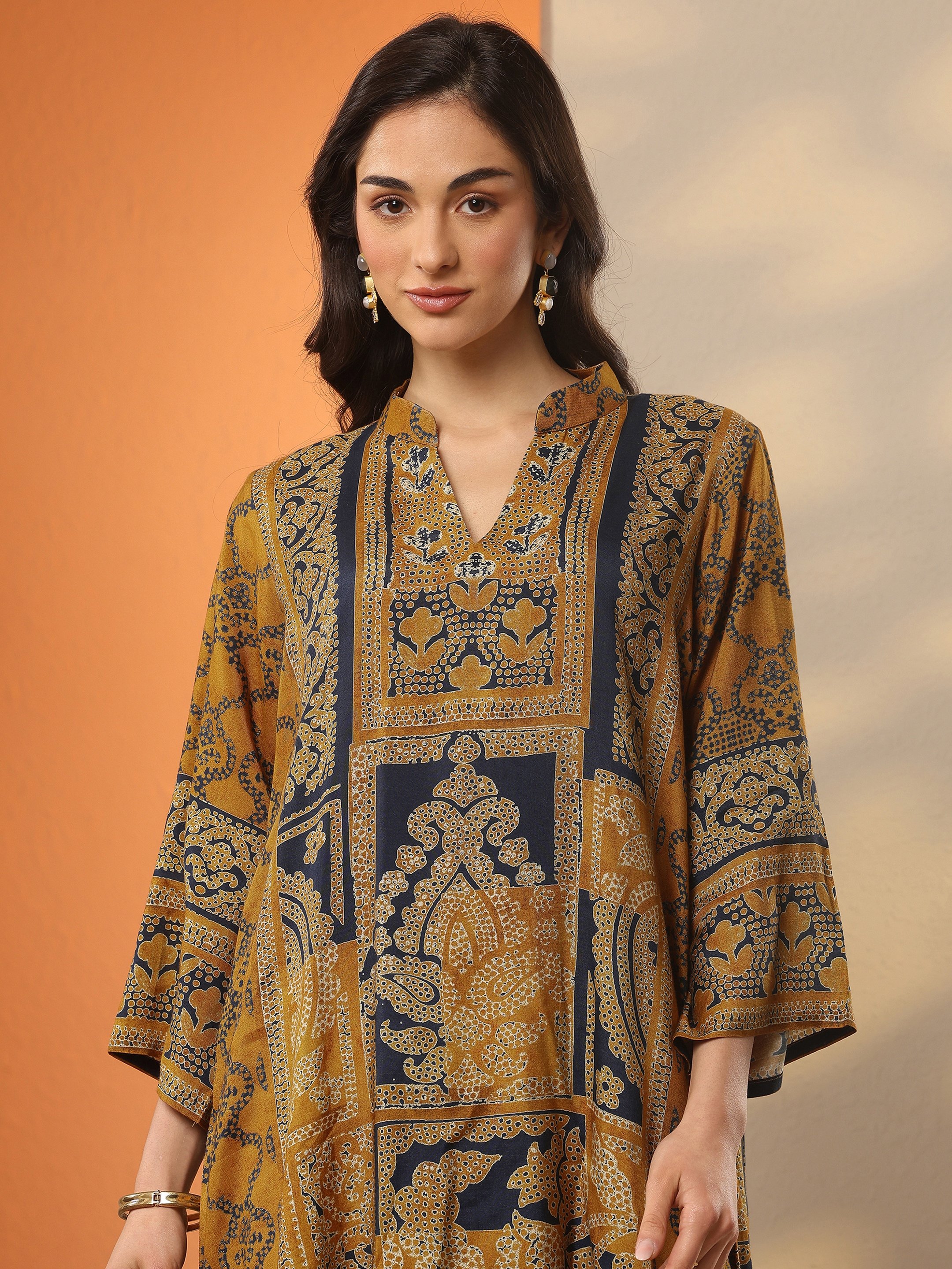 Mustard Printed V-Neck Kaftan Co-ord Set with Asymmetrical Fit