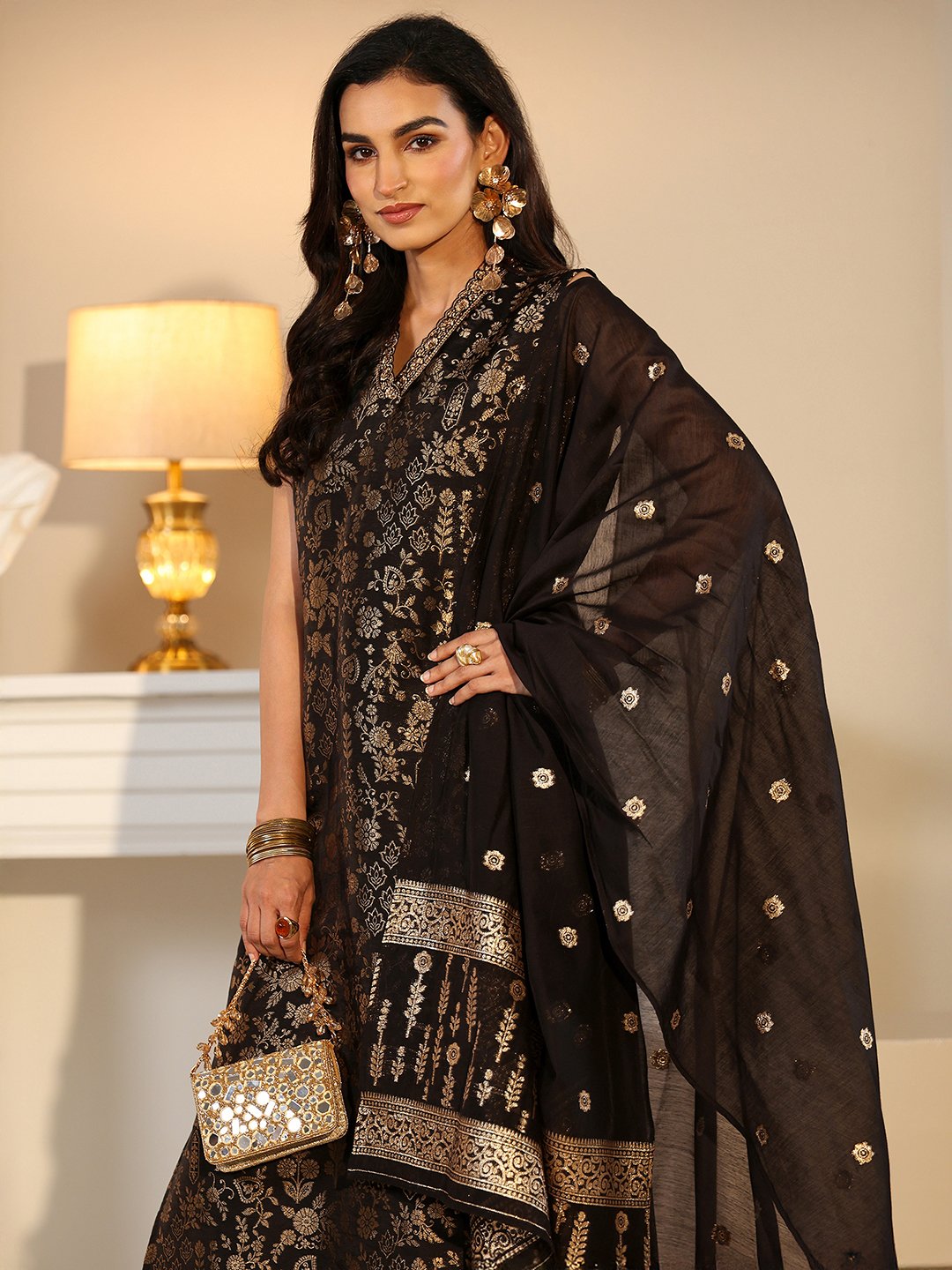 Black Silk Blend V-Neck Kurta Set with Trousers and Dupatta