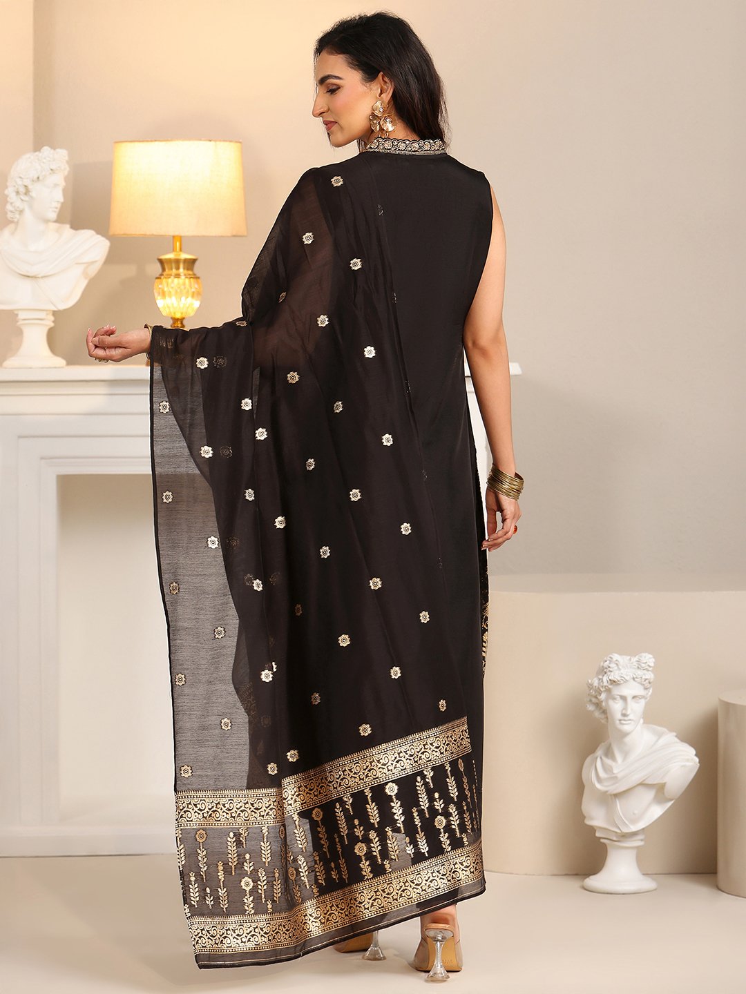 Black Silk Blend V-Neck Kurta Set with Trousers and Dupatta