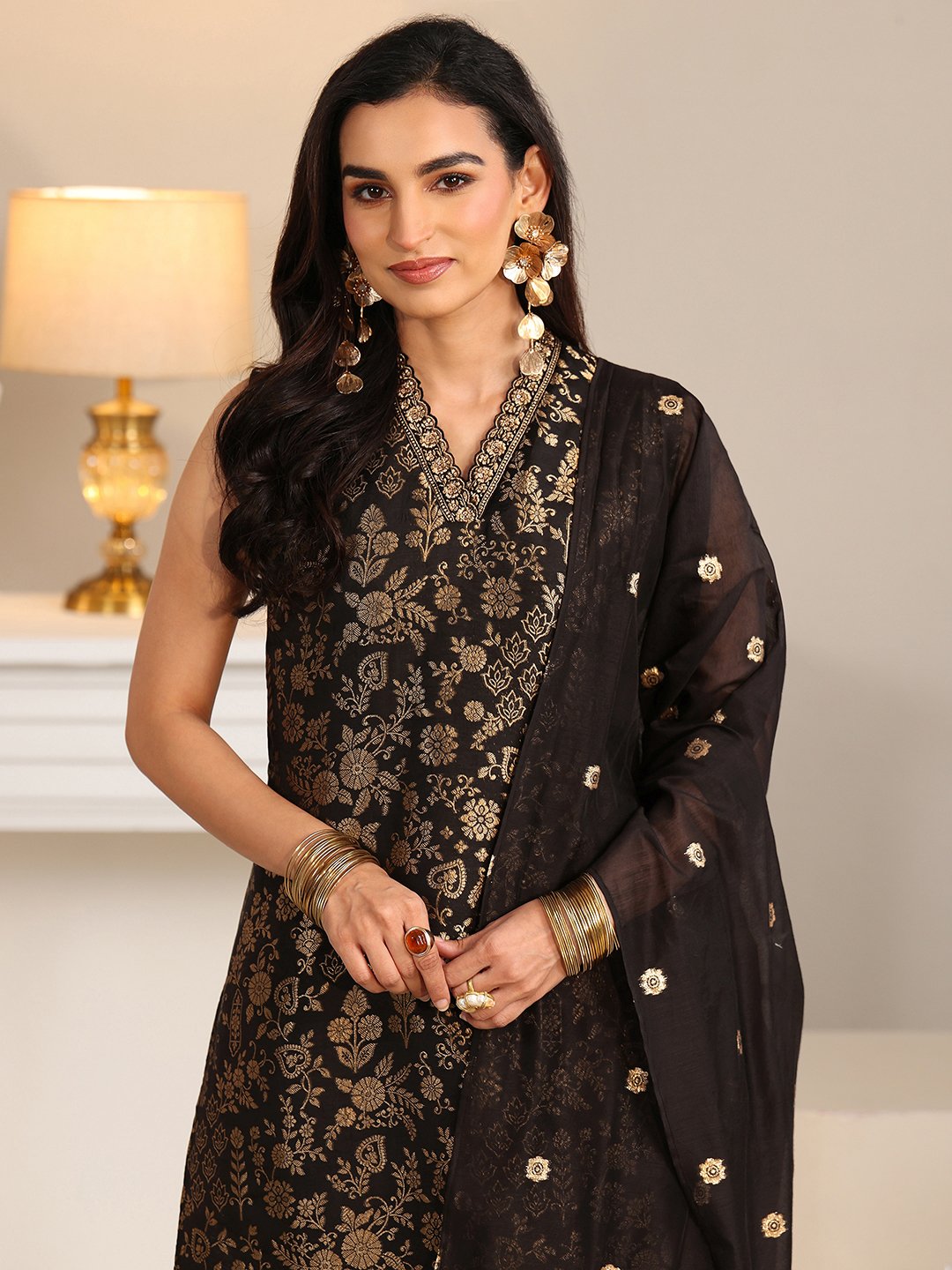 Black Silk Blend V-Neck Kurta Set with Trousers and Dupatta