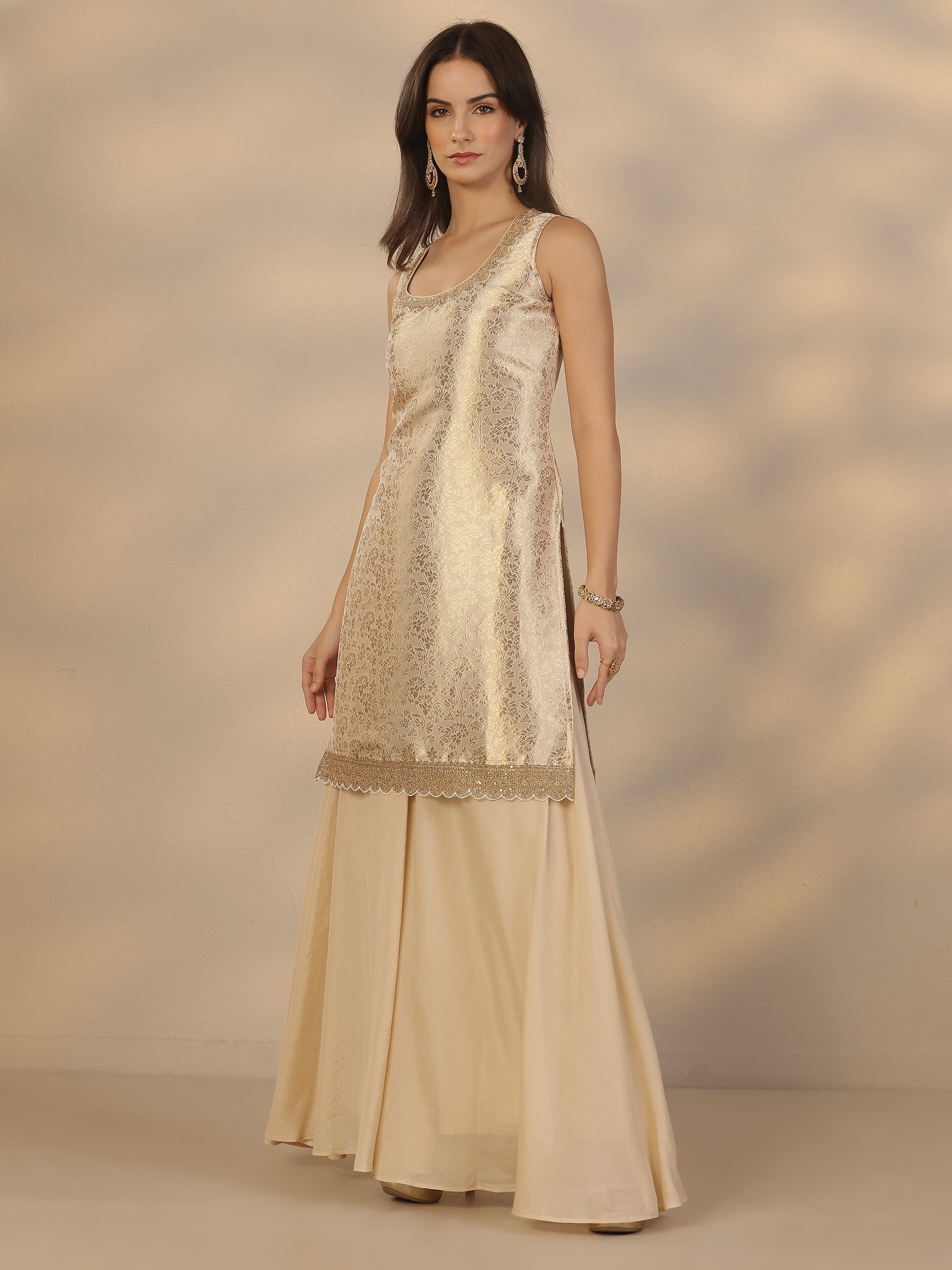 Gold Embroidered Sleeveless Kurta Set with Flared Palazzo and Dupatta