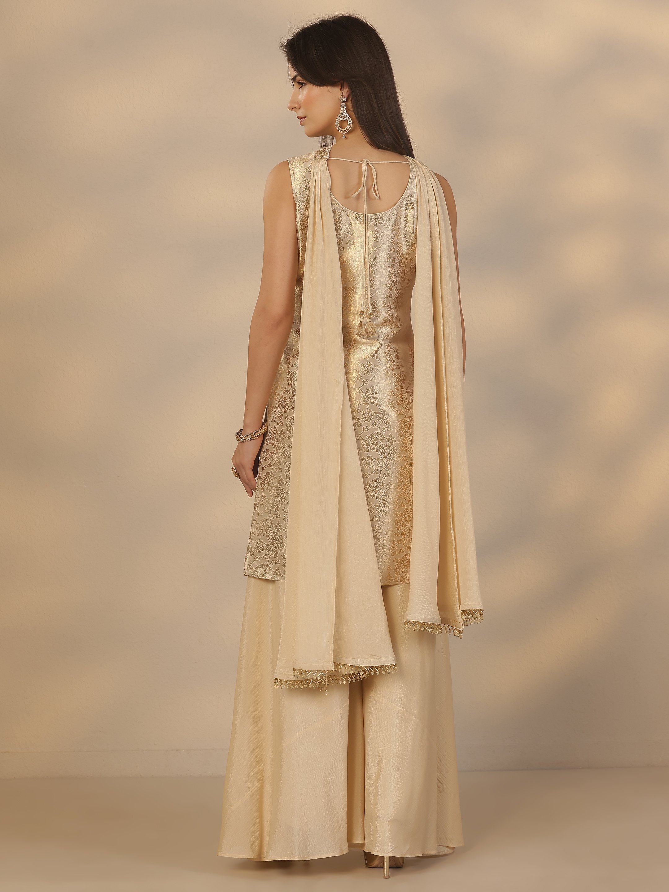 Gold Embroidered Sleeveless Kurta Set with Flared Palazzo and Dupatta