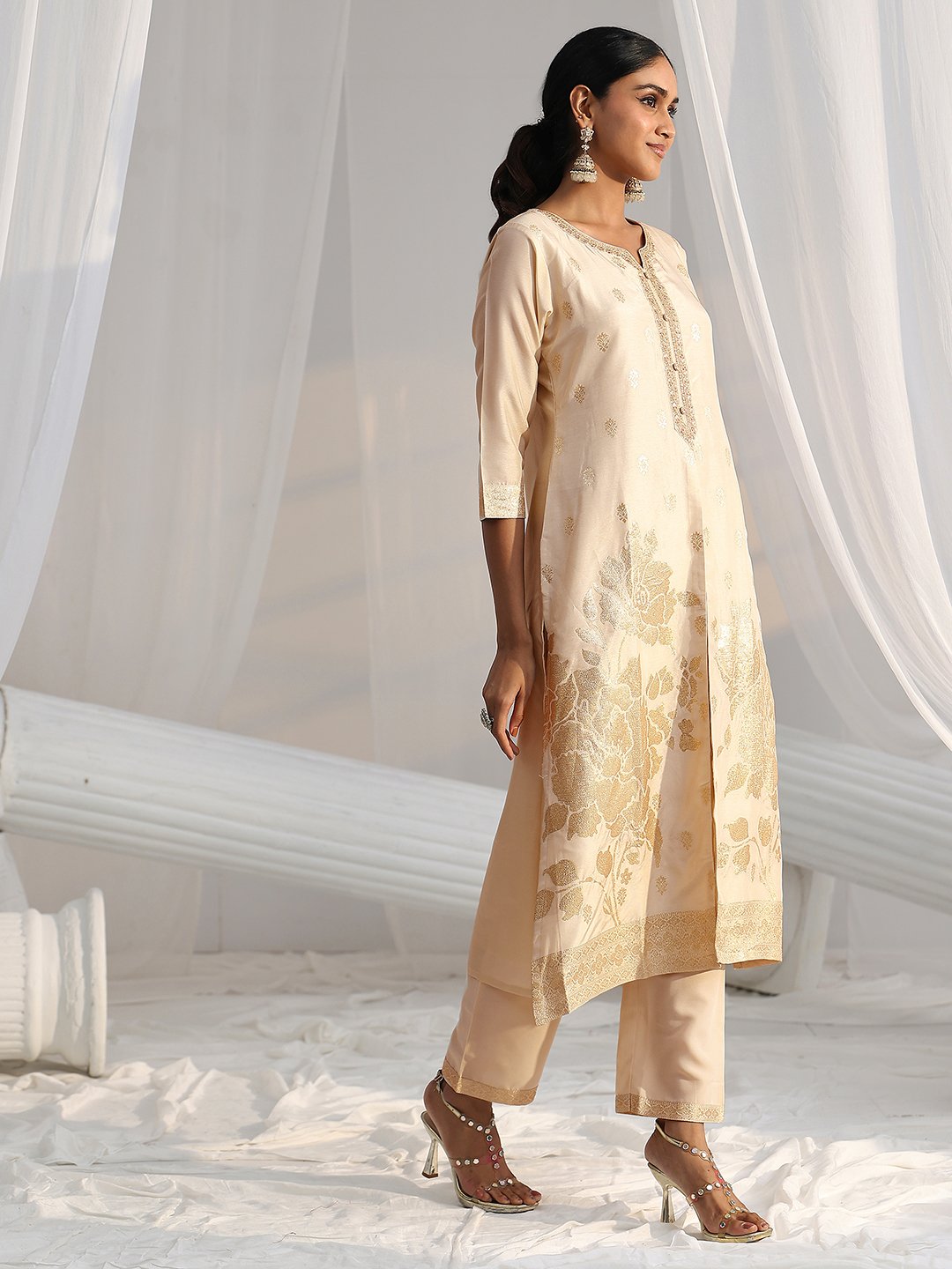Cream Silk Blend Embroidered Kurta Set with Straight Pants and Dupatta