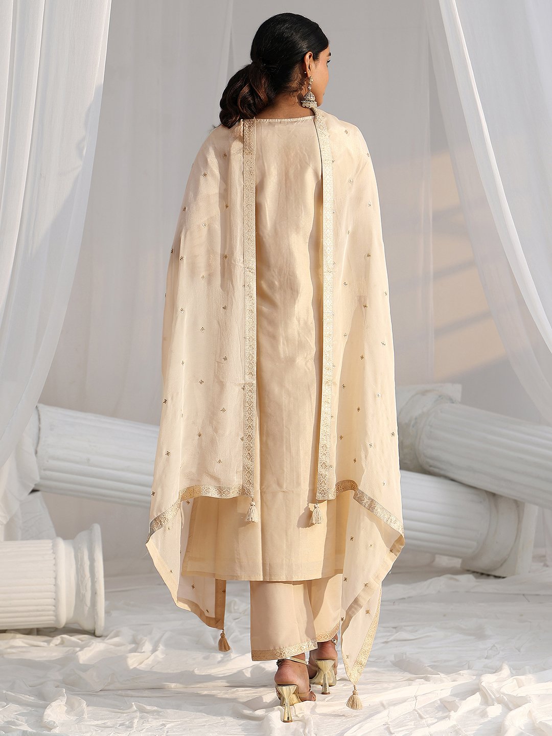 Cream Silk Blend Embroidered Kurta Set with Straight Pants and Dupatta