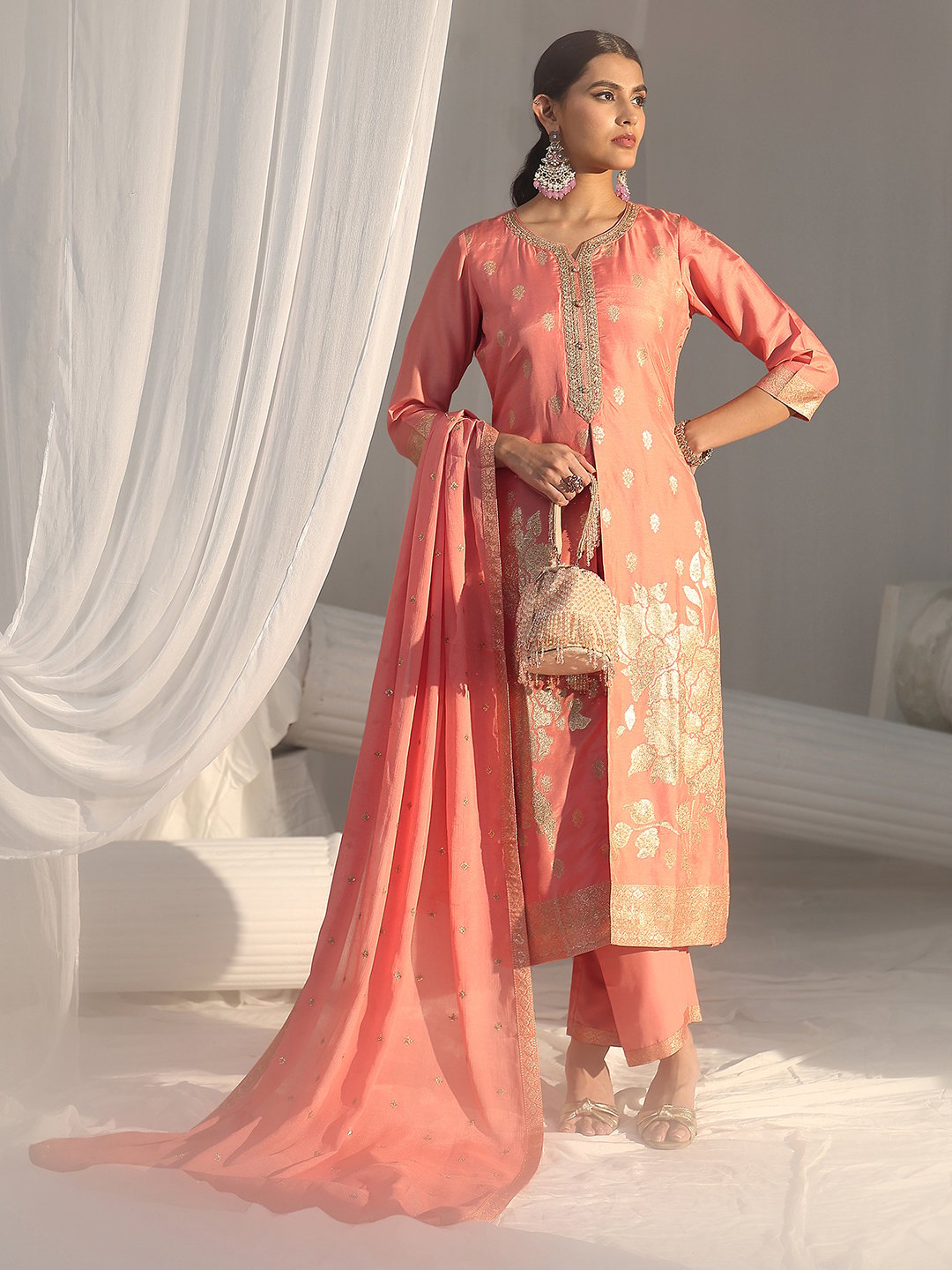 Peach Silk Blend Kurta Set with Embroidered Trousers and Dupatta