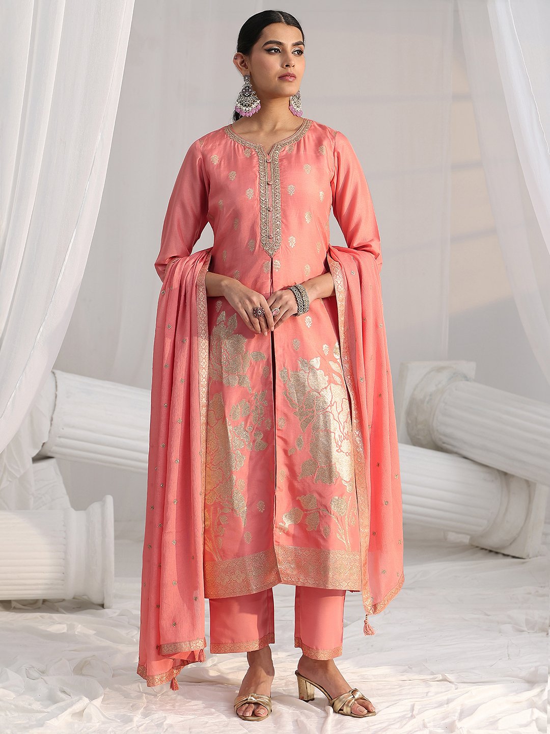 Peach Silk Blend Kurta Set with Embroidered Trousers and Dupatta