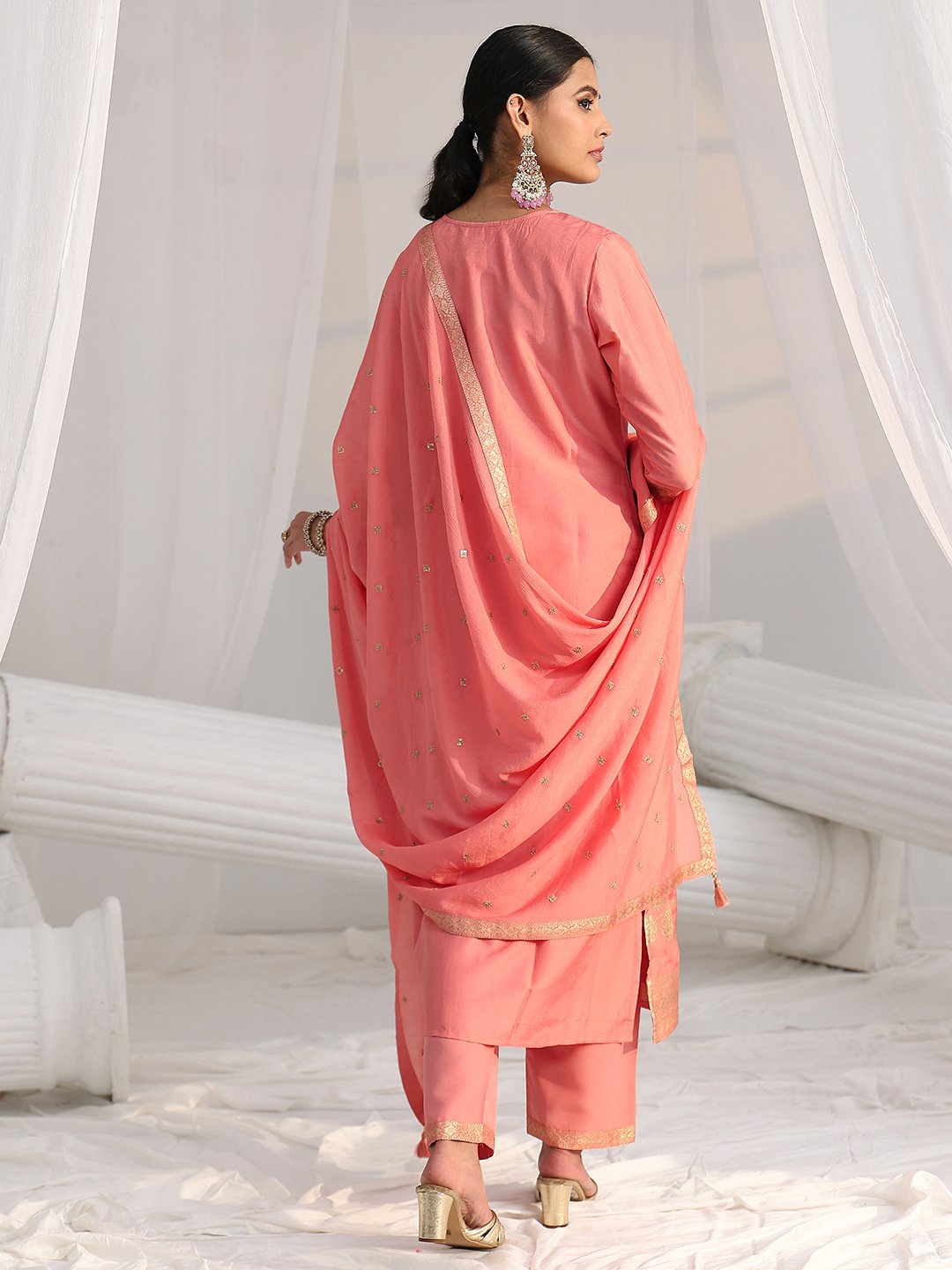 Peach Silk Blend Kurta Set with Embroidered Trousers and Dupatta