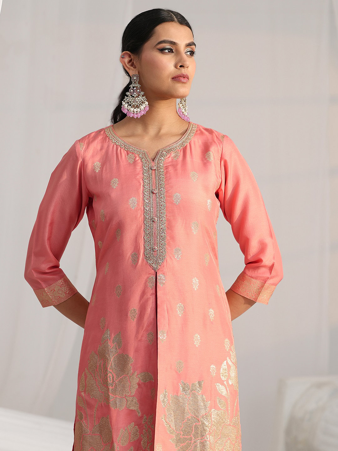 Peach Silk Blend Kurta Set with Embroidered Trousers and Dupatta