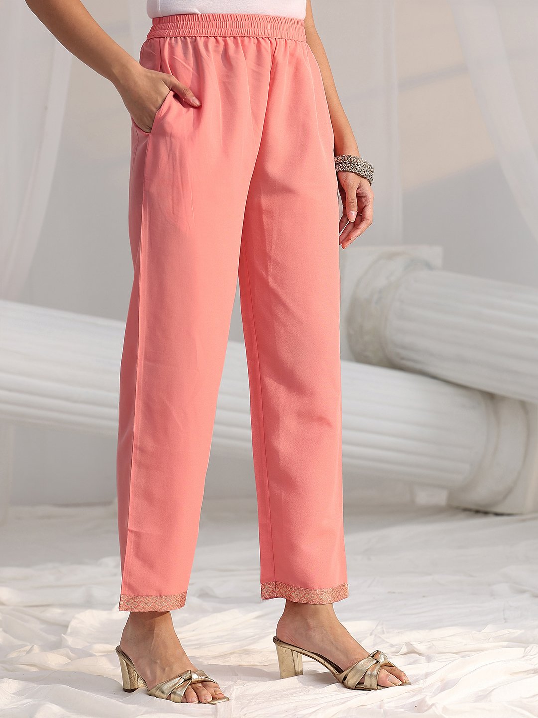 Peach Silk Blend Kurta Set with Embroidered Trousers and Dupatta