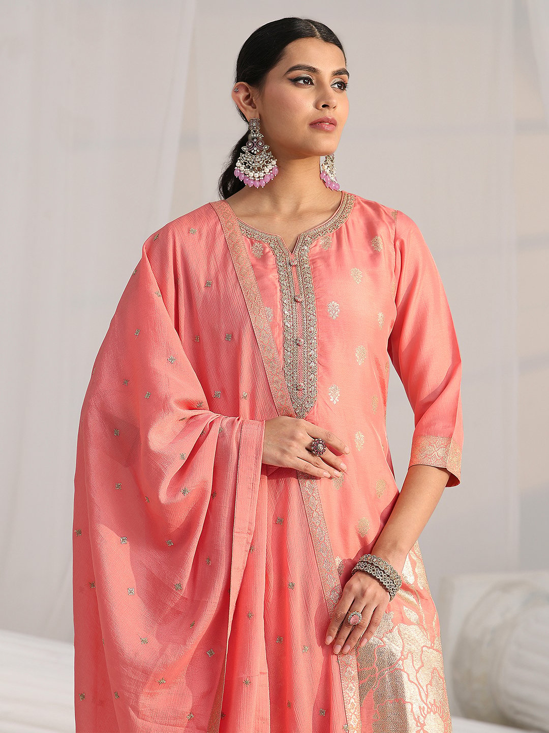 Peach Silk Blend Kurta Set with Embroidered Trousers and Dupatta