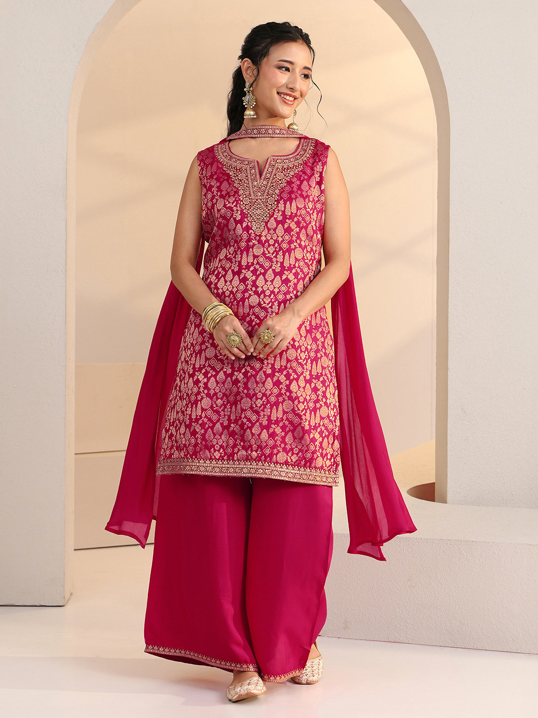 Pink Silk Blend Kurta Set with Palazzo and Dupatta