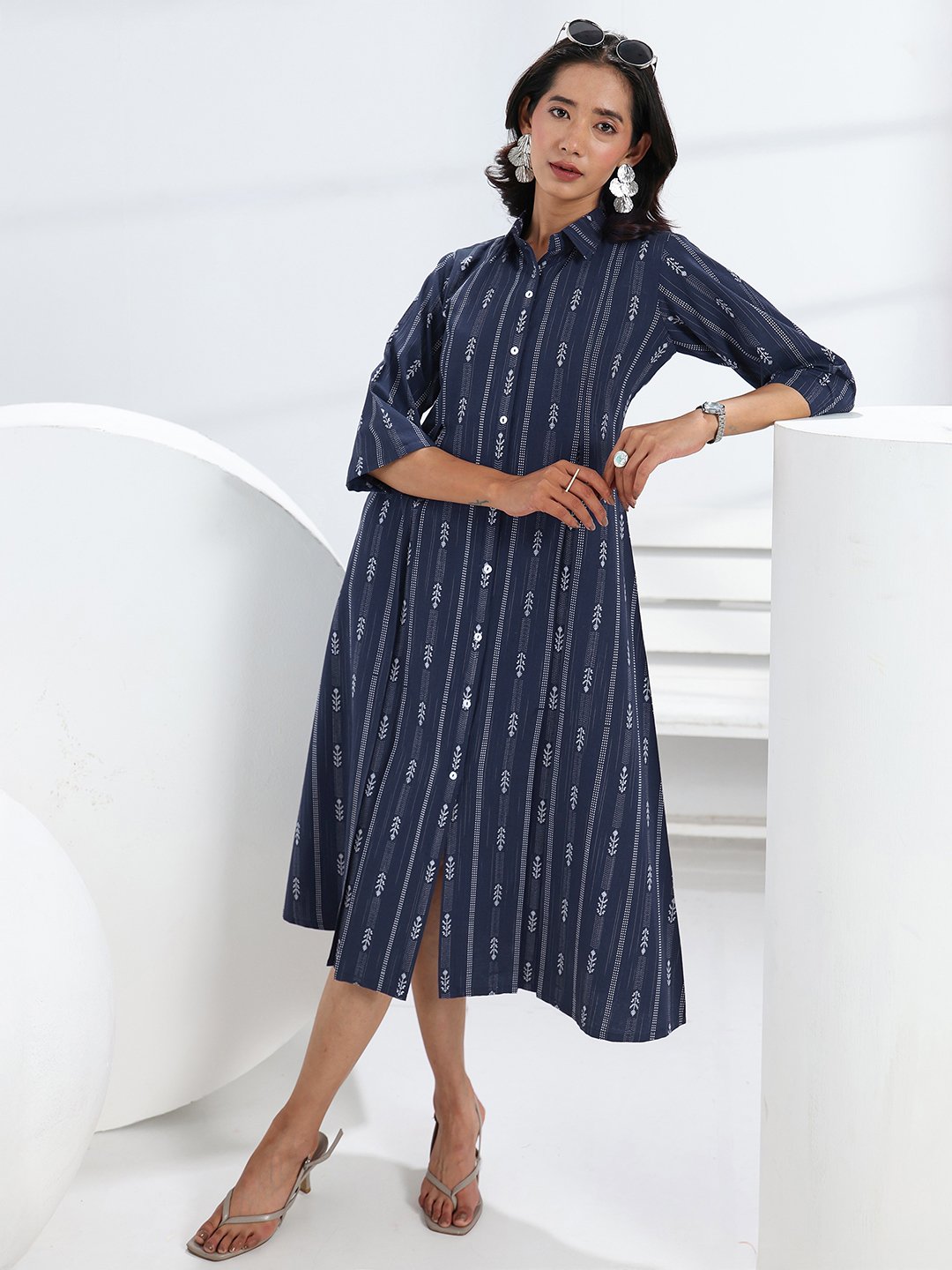 Navy Blue Geometric A-Line Midi Dress with 3/4 Sleeves