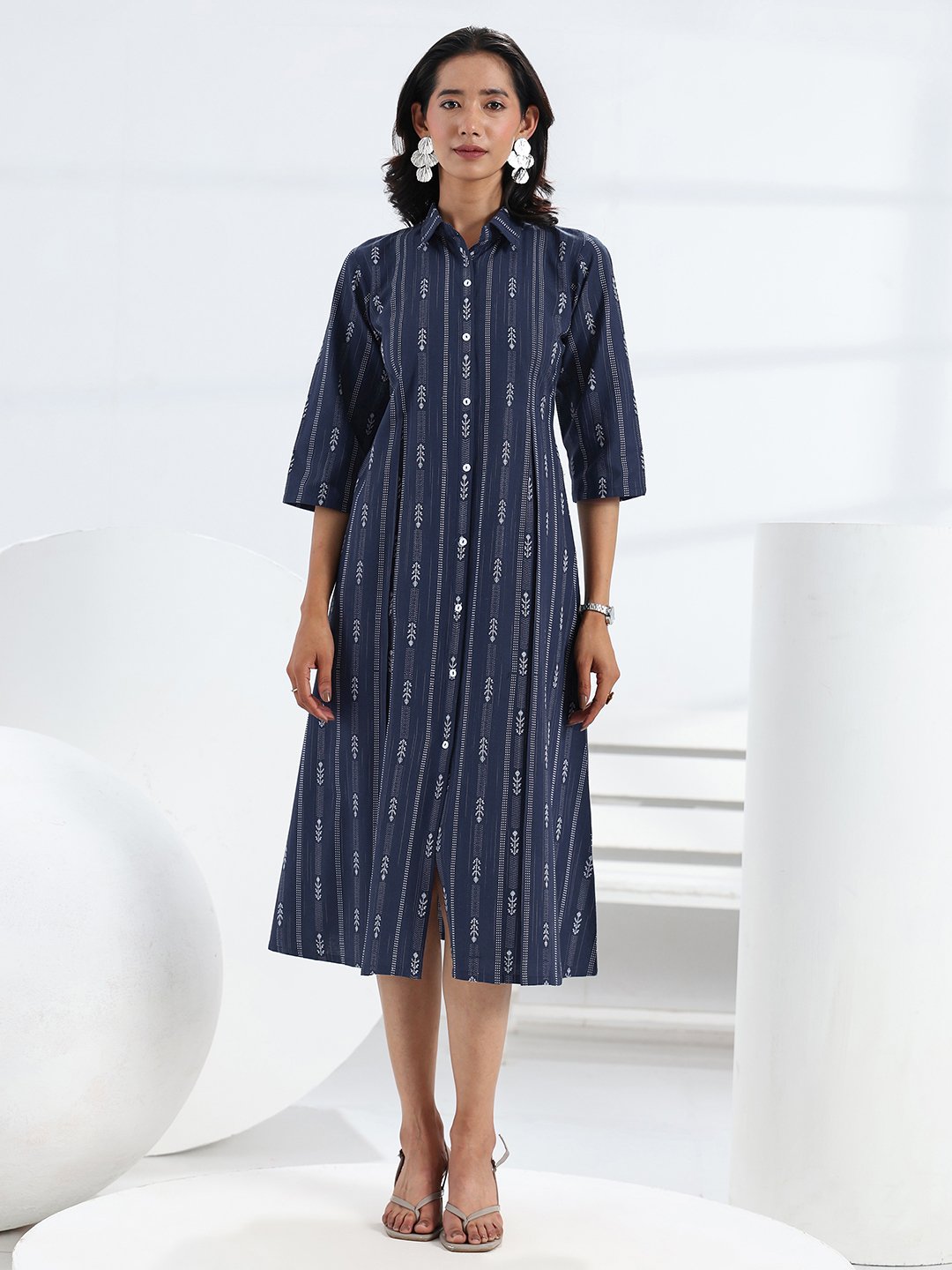 Navy Blue Geometric A-Line Midi Dress with 3/4 Sleeves