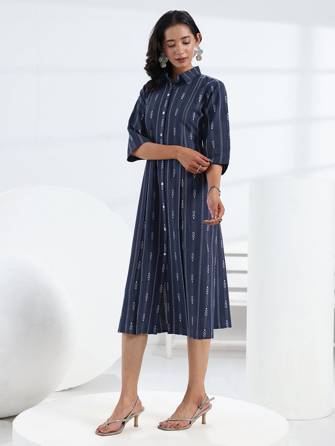 Navy Blue Geometric A-Line Midi Dress with 3/4 Sleeves