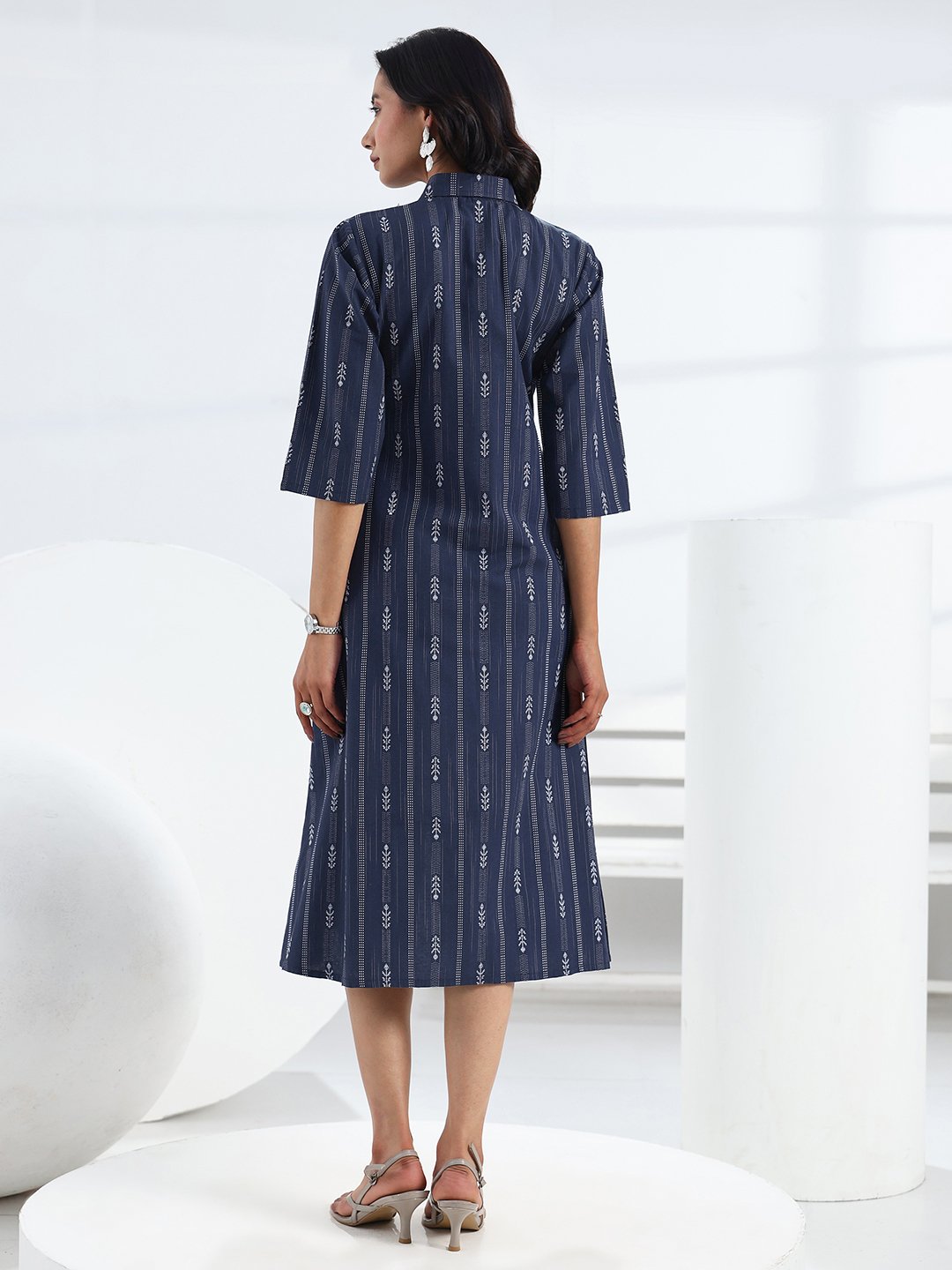 Navy Blue Geometric A-Line Midi Dress with 3/4 Sleeves