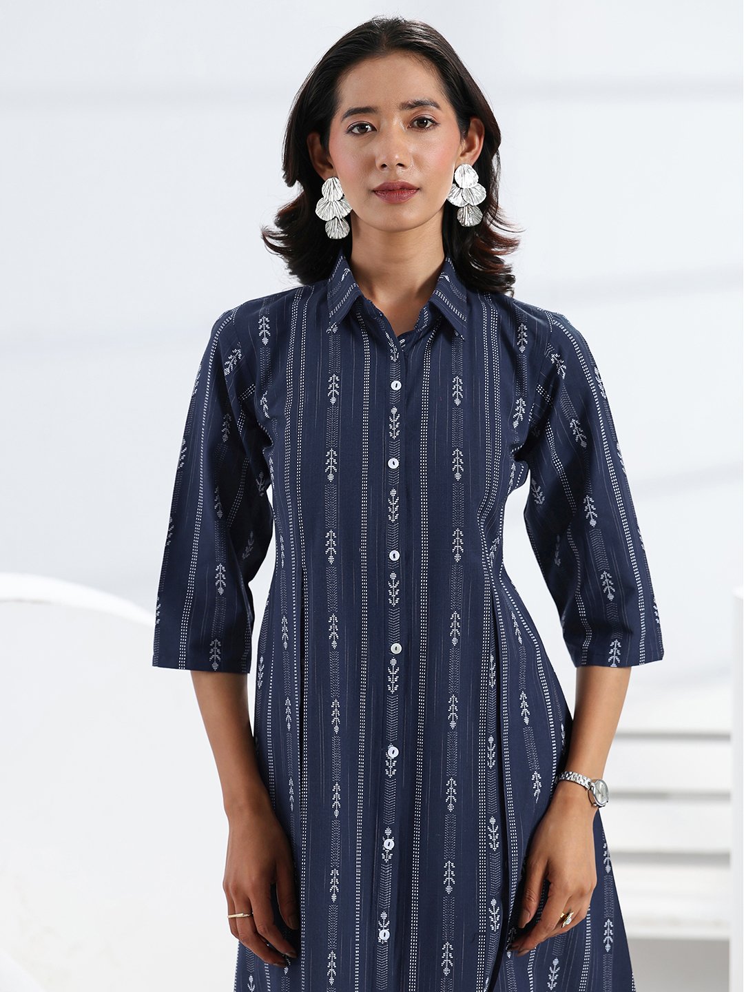 Navy Blue Geometric A-Line Midi Dress with 3/4 Sleeves